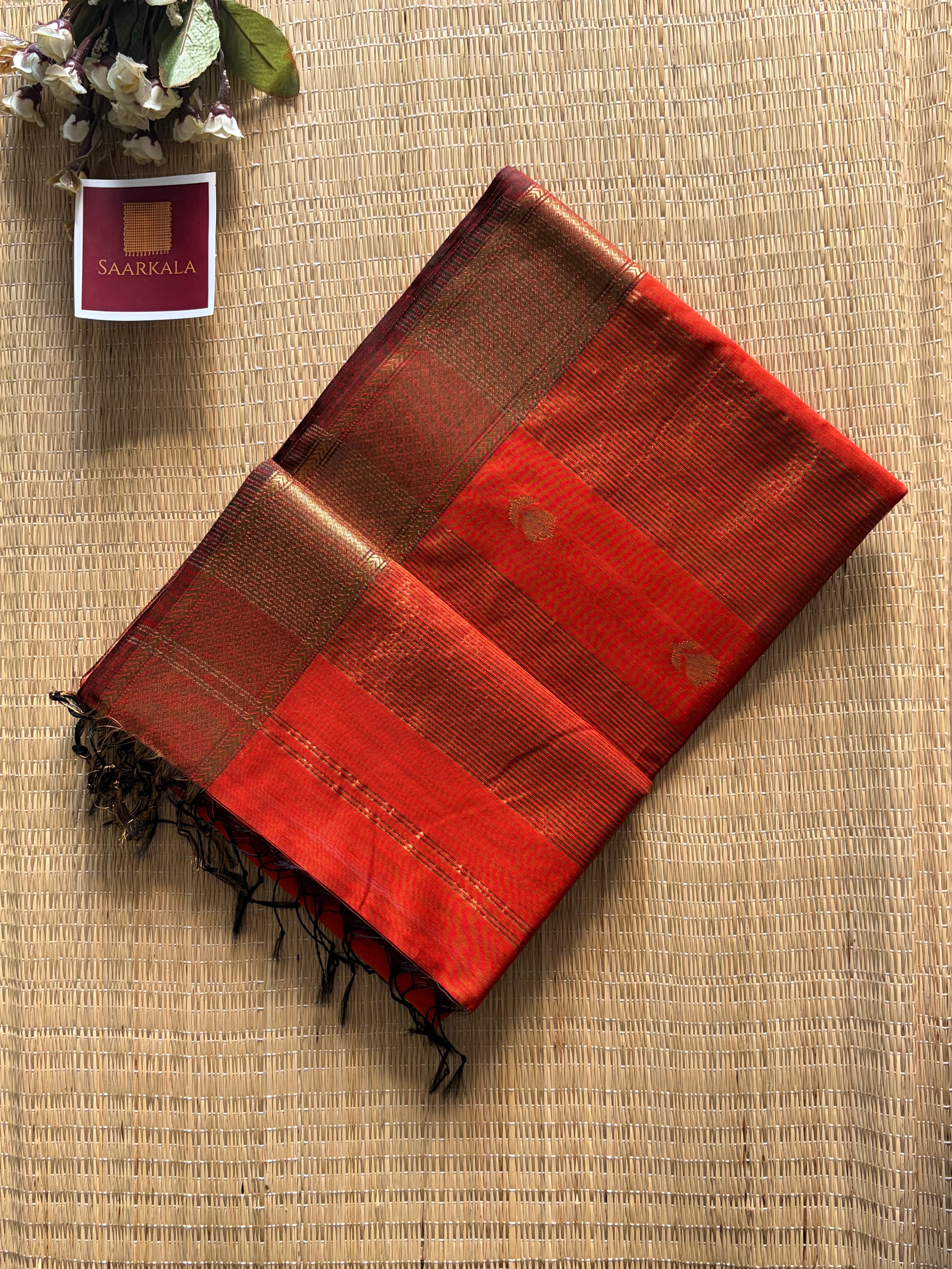 Rust Maheshwari silk and cotton Lotus Butta Saree