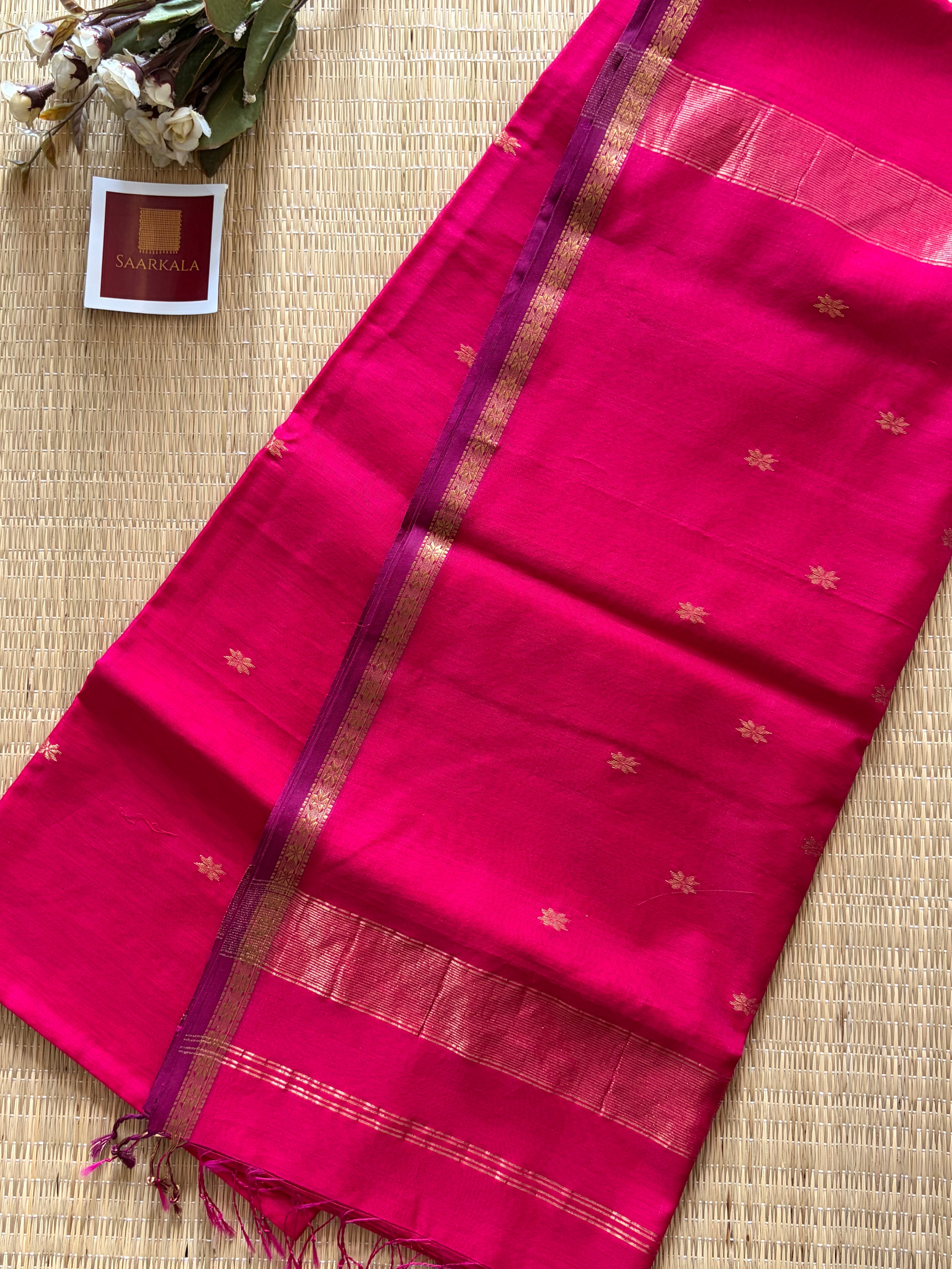 Magenta Kinari Self Pink Chameli Maheshwari Handloom Silk Cotton Saree