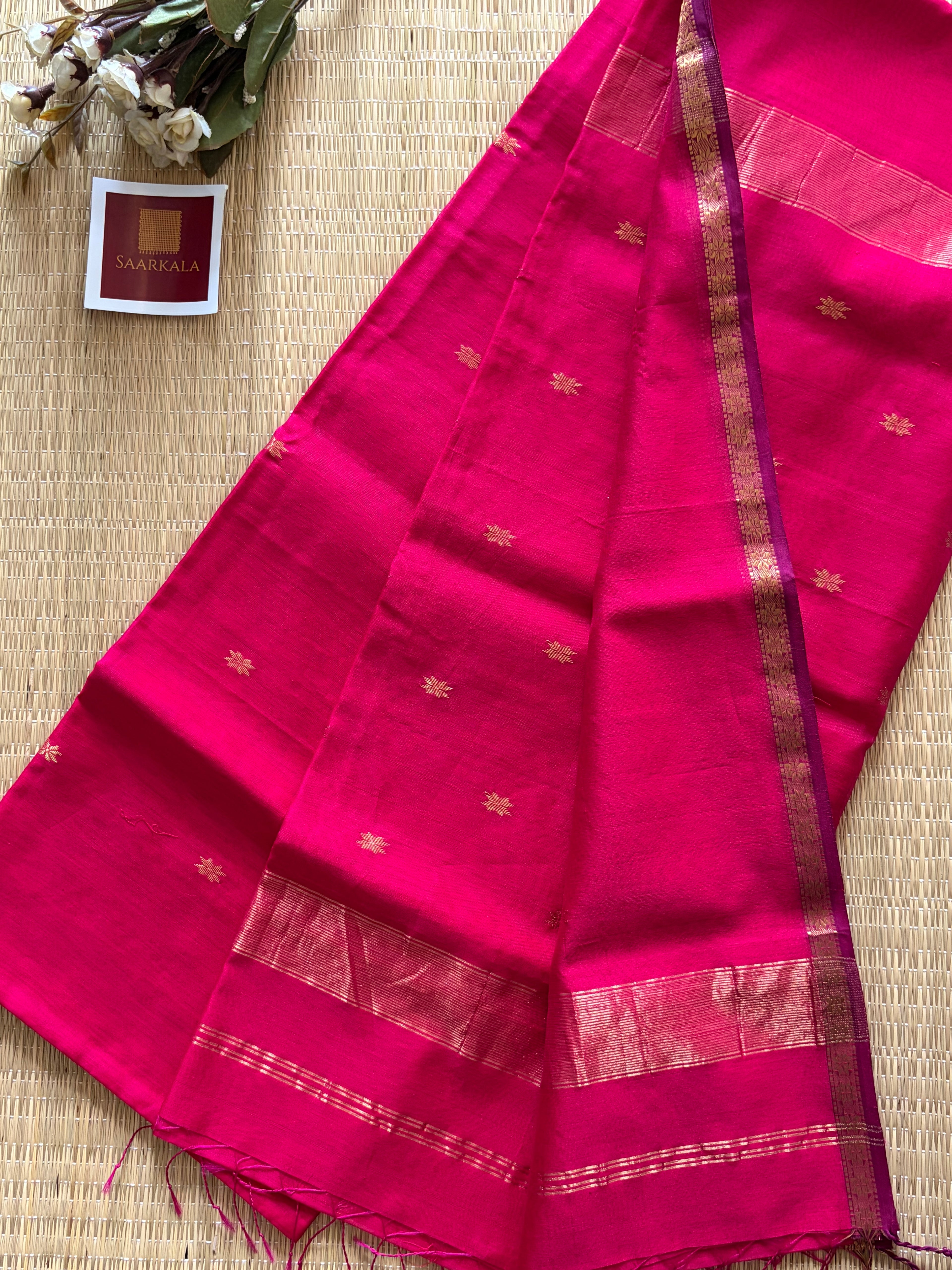 Magenta Kinari Self Pink Chameli Maheshwari Handloom Silk Cotton Saree