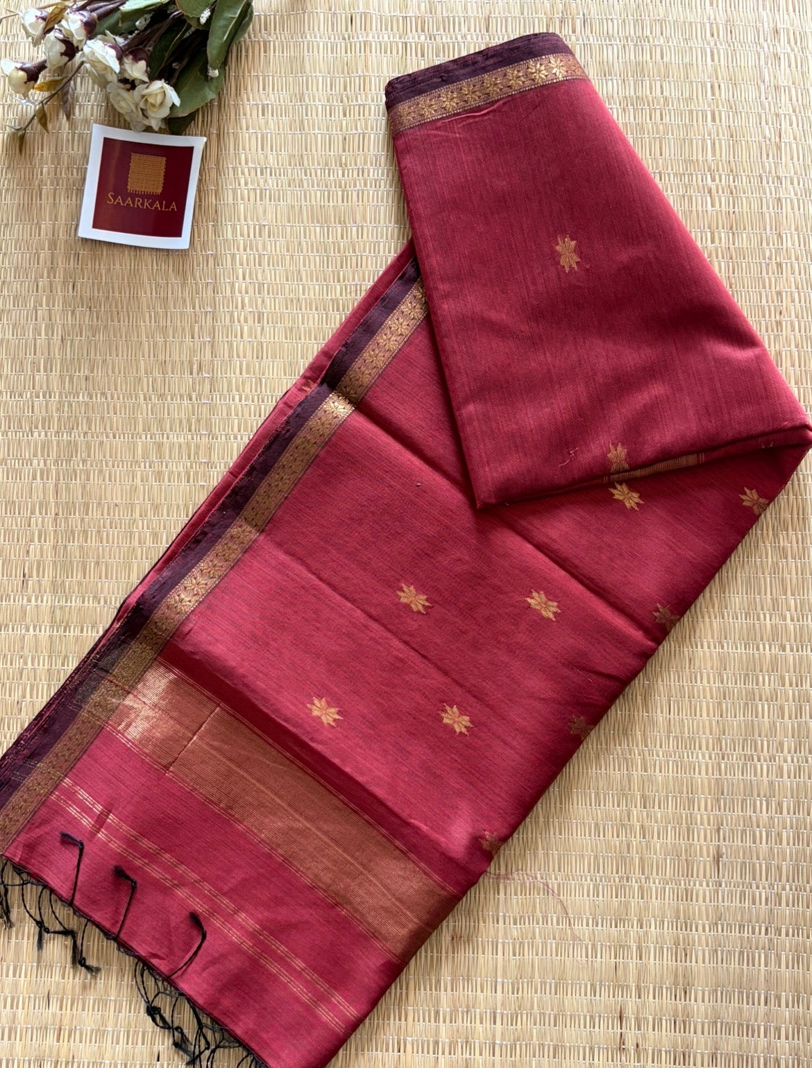 Wine Pink Maheshwari Handwoven Saree with Gold Zari Border