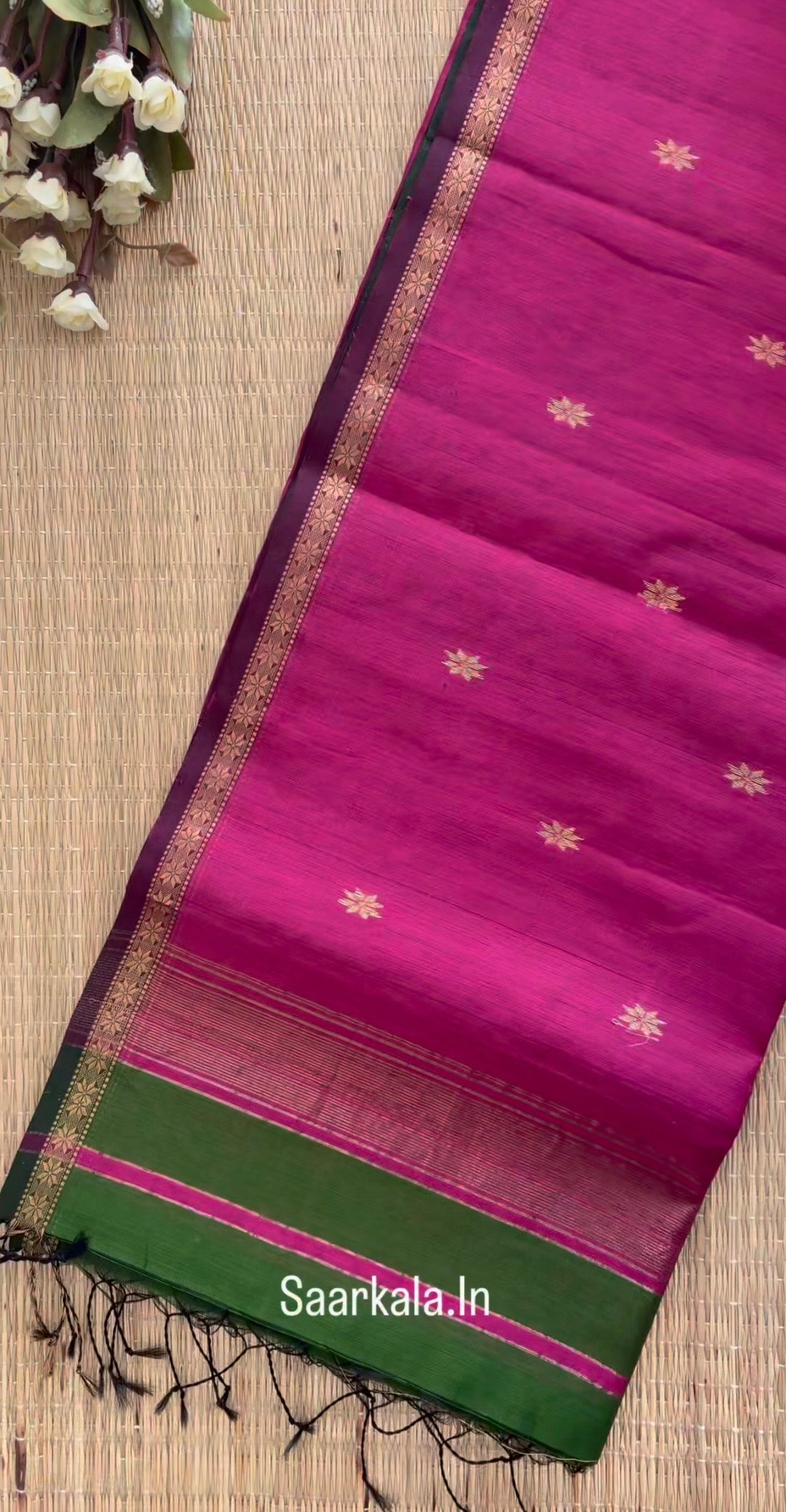 Green Pink Chameli Maheshwari Handloom Silk Cotton Saree