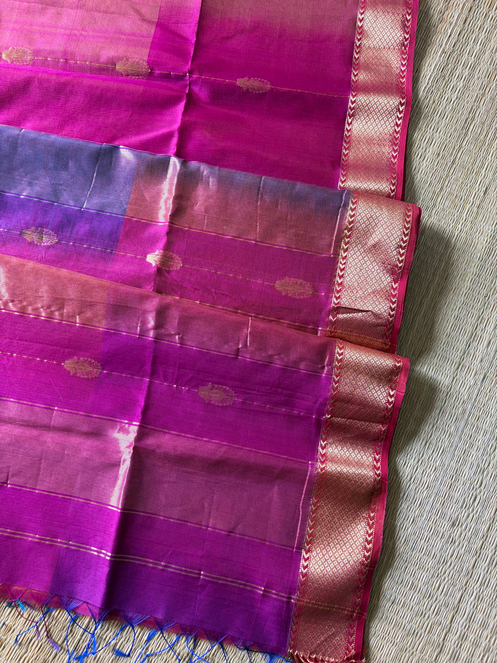 Reshami Pink Shaded Maheshwari Handwoven Saree with Gold Butti