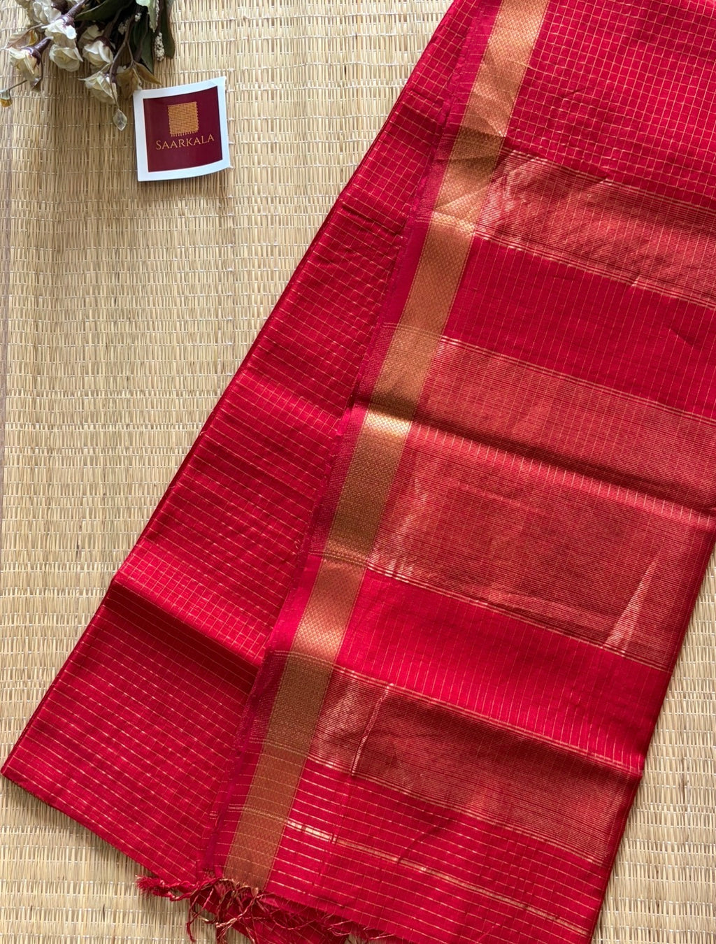 Red Checked Maheshwari Handwoven Saree with Gold Zari Border