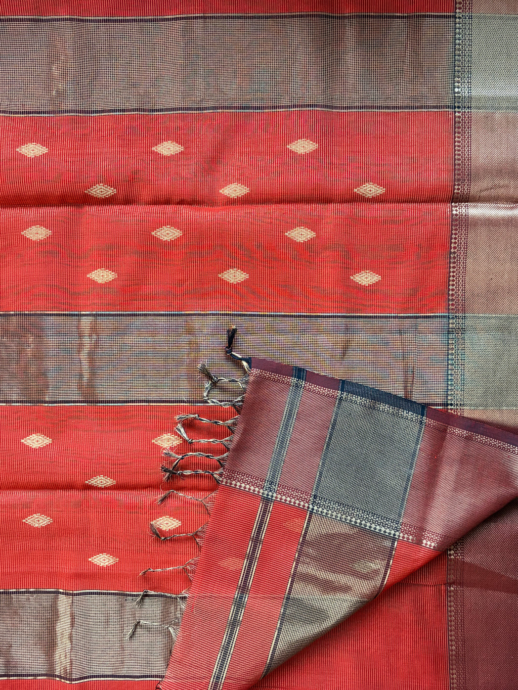 Red Tissue Silk Maheshwari Handloom Saree