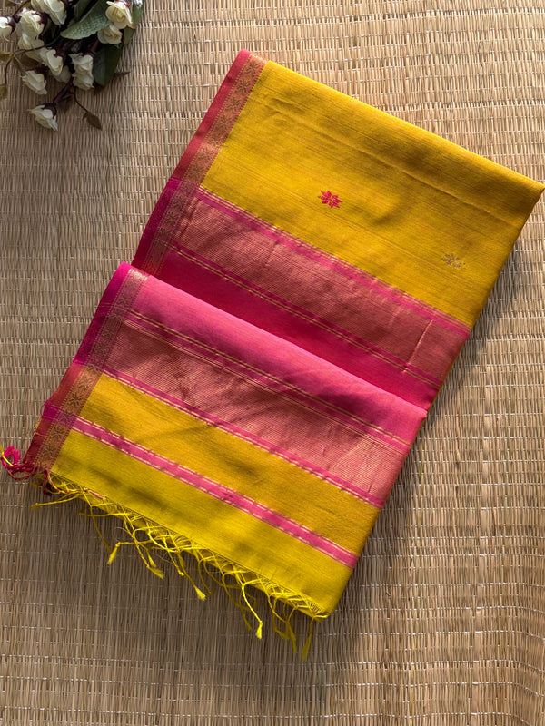 Chameli Lemon Green Pink Maheshwari Handloom Saree