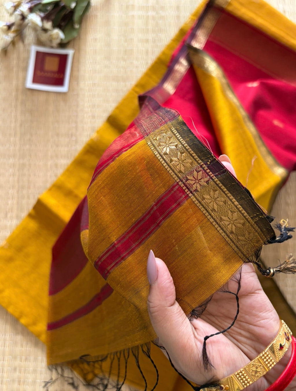 Mustard and Red Maheshwari Handwoven Saree with Gold Zari Border