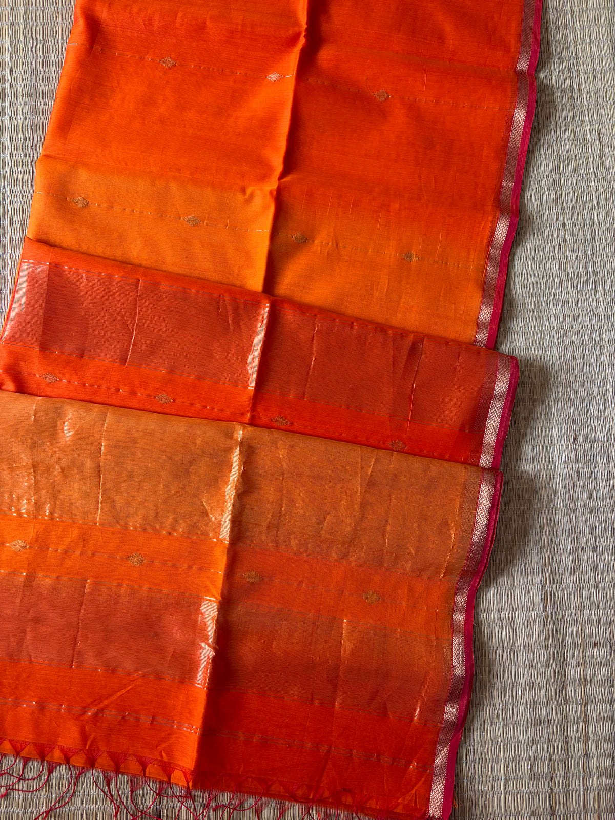 Kesar Orange Shaded Maheshwari Handwoven Saree with Gold Zari Border