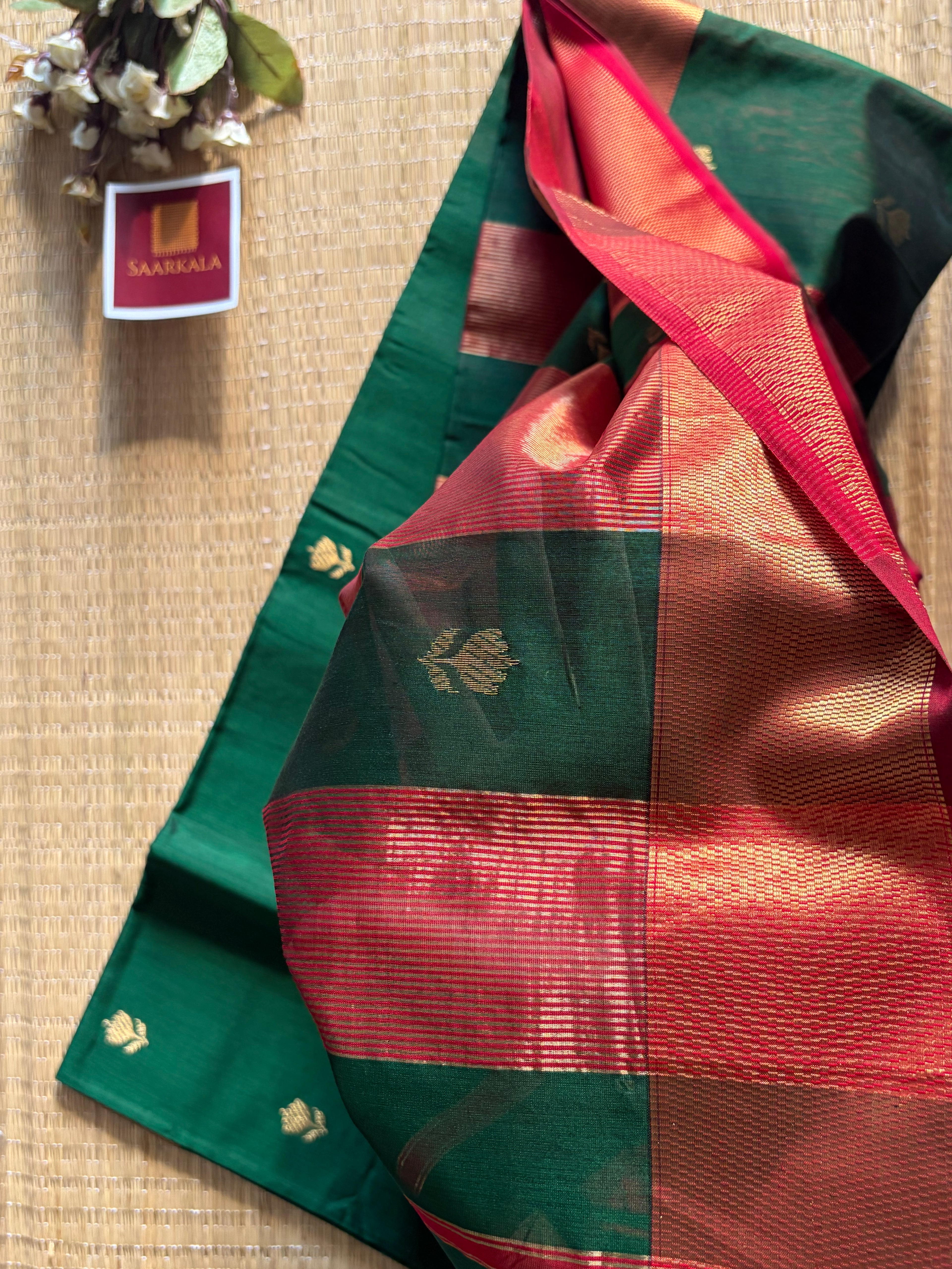 Green Red Lotus Maheshwari silk and cotton Saree