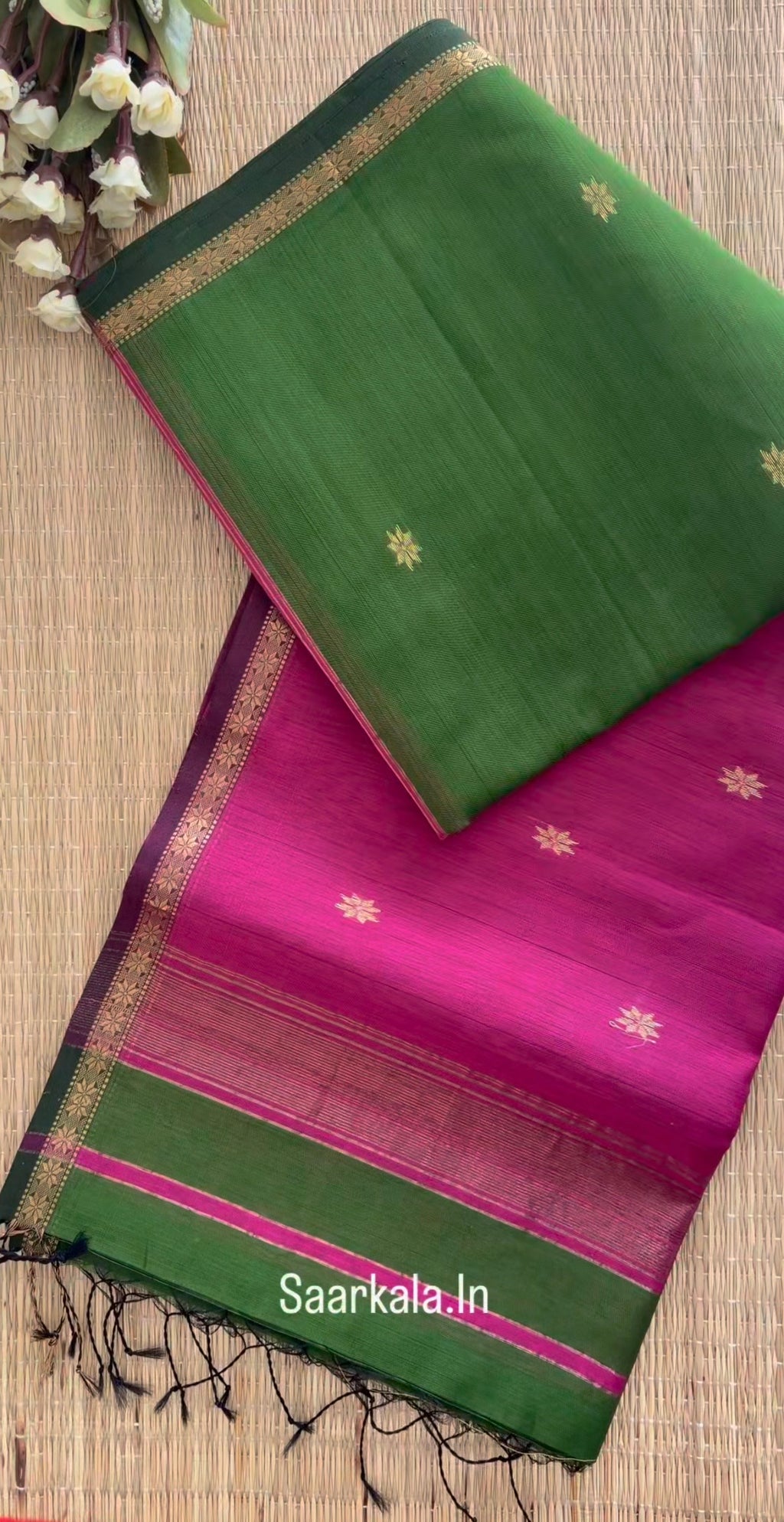 Green Pink Chameli Maheshwari Handloom Silk Cotton Saree