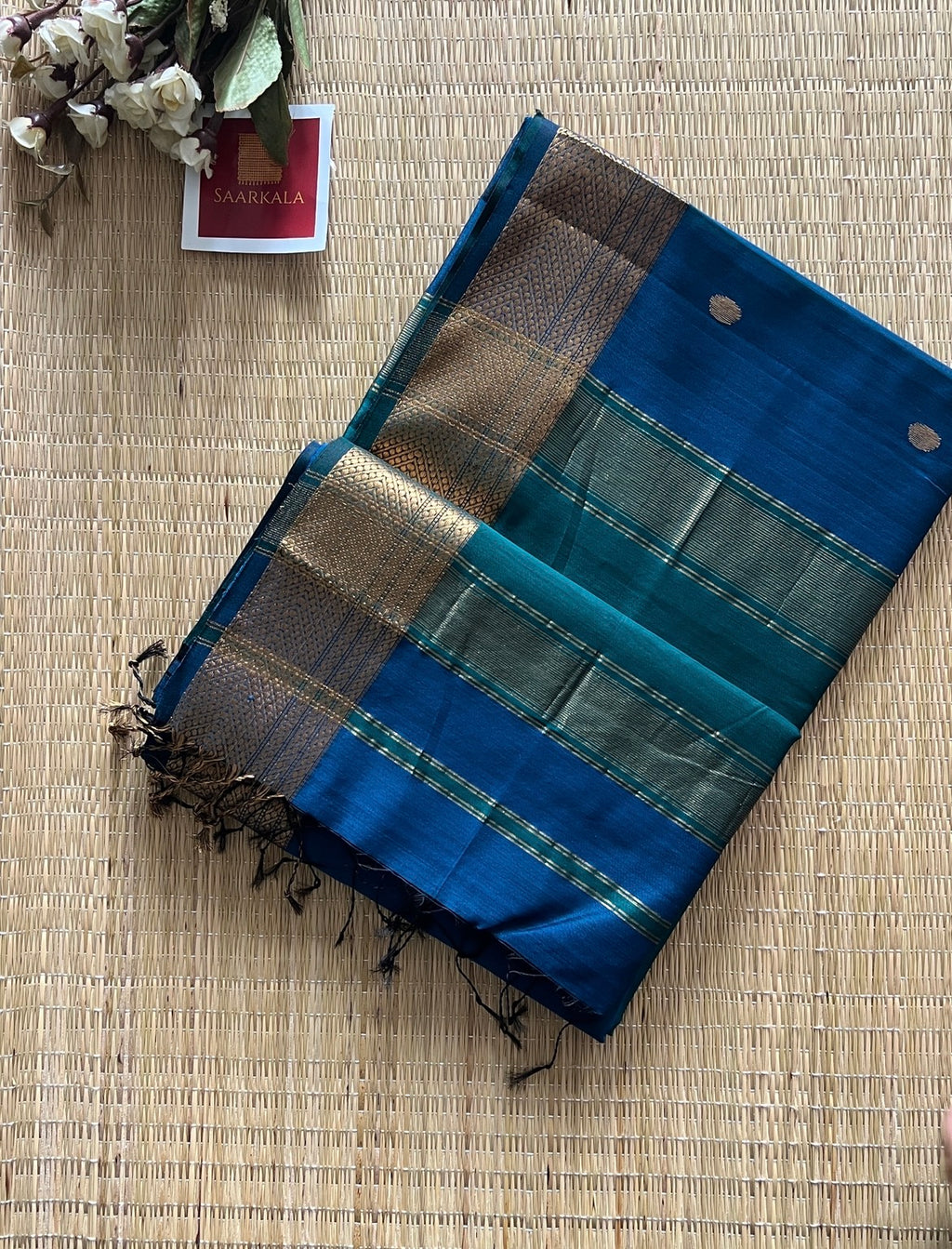 Sikka Rama Blue Maheshwari Handwoven Saree with Gold Zari Border