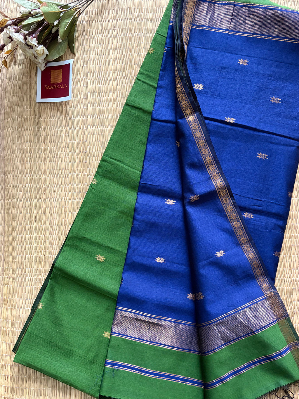 Savan Green & Blue Chameli Maheshwari Handloom Silk Cotton Saree