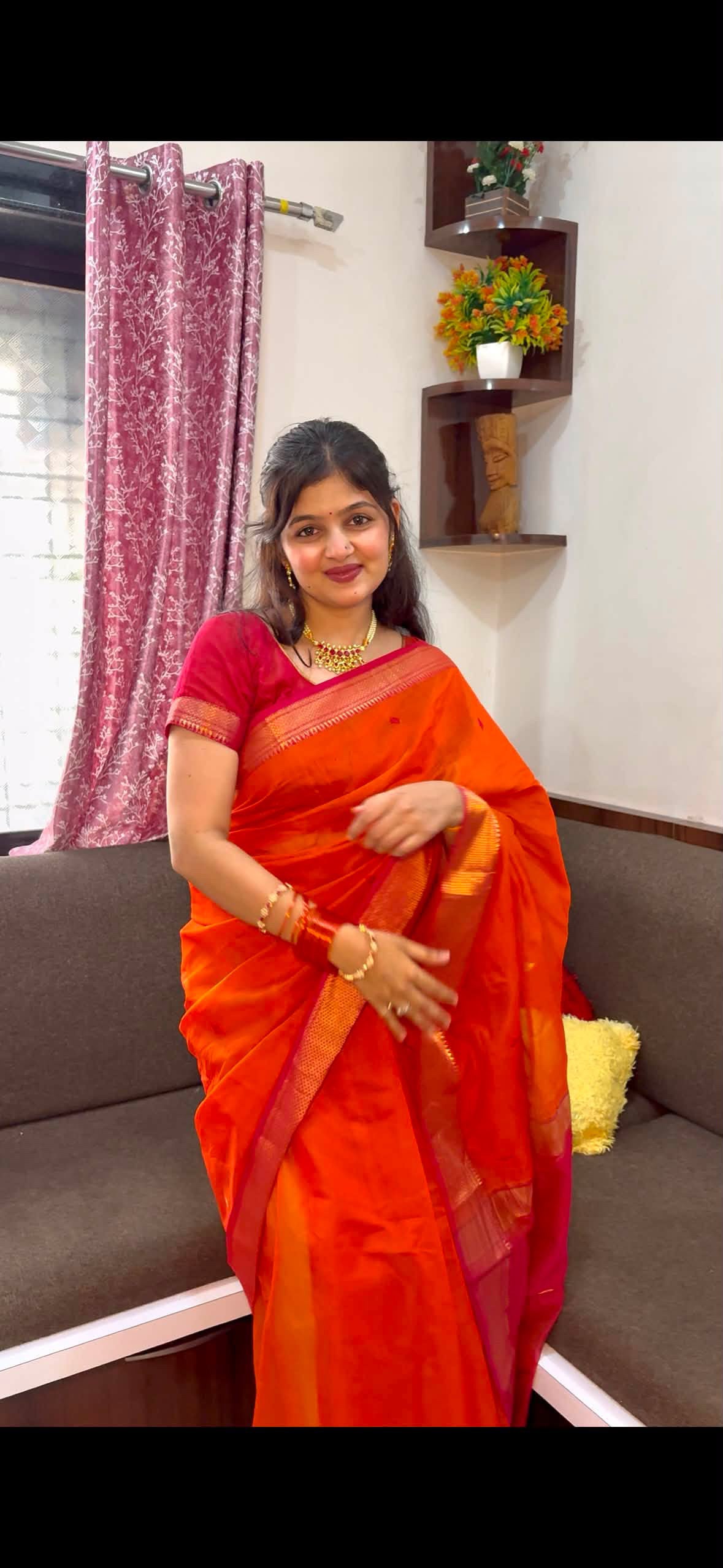Karvath Orange Pink Maheshwari Handloom Saree