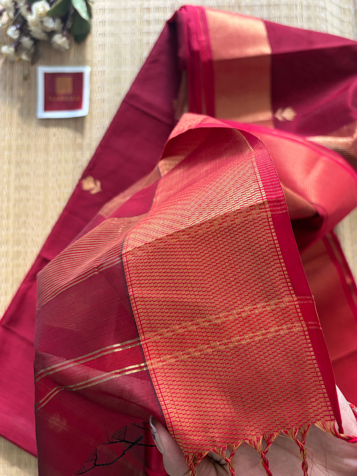Lotus Maroon Red Maheshwari Handloom Saree with Gold Border