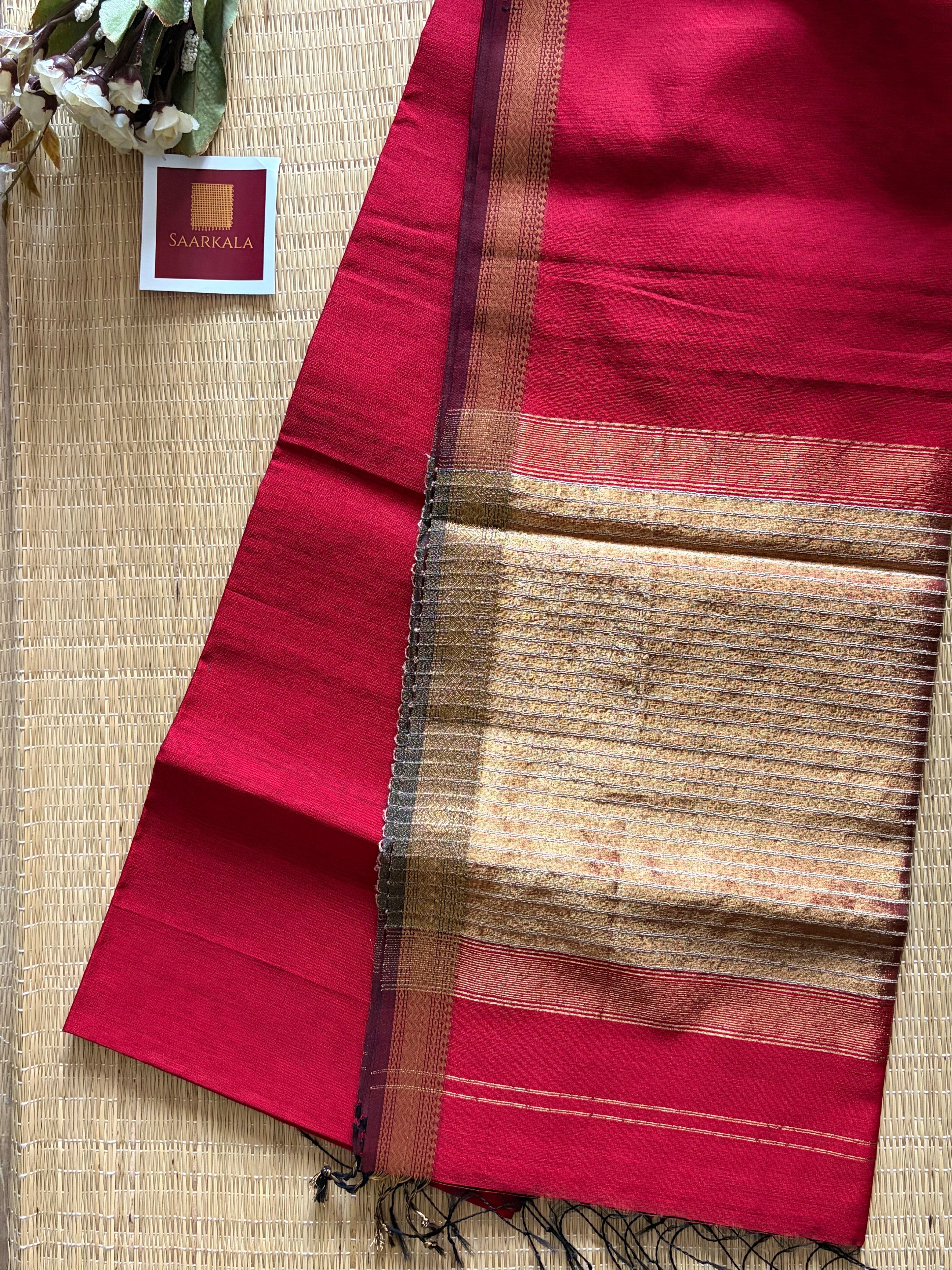 Red kosa Maheshwari silk by cotton handloom saree