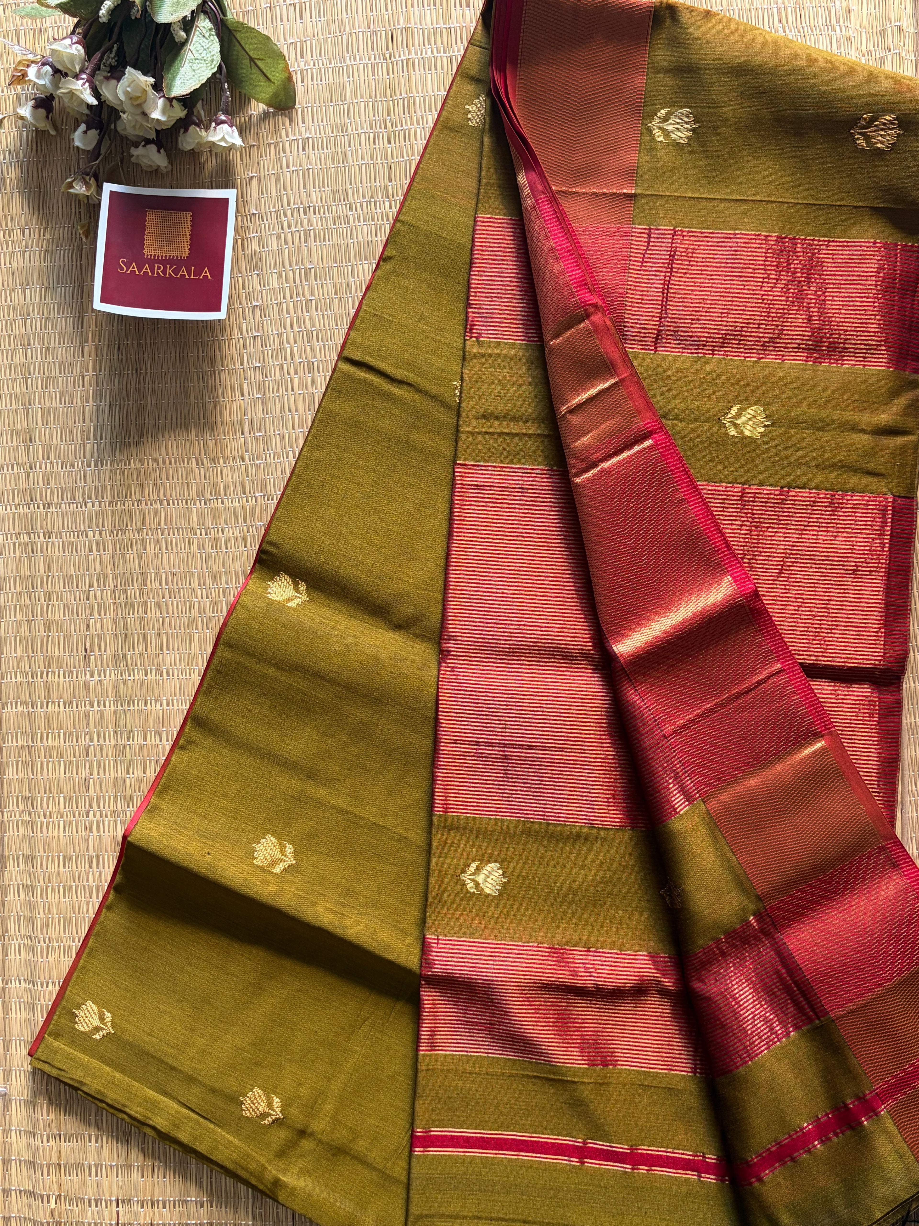Mehendi Red Lotus Maheshwari silk and cotton Saree