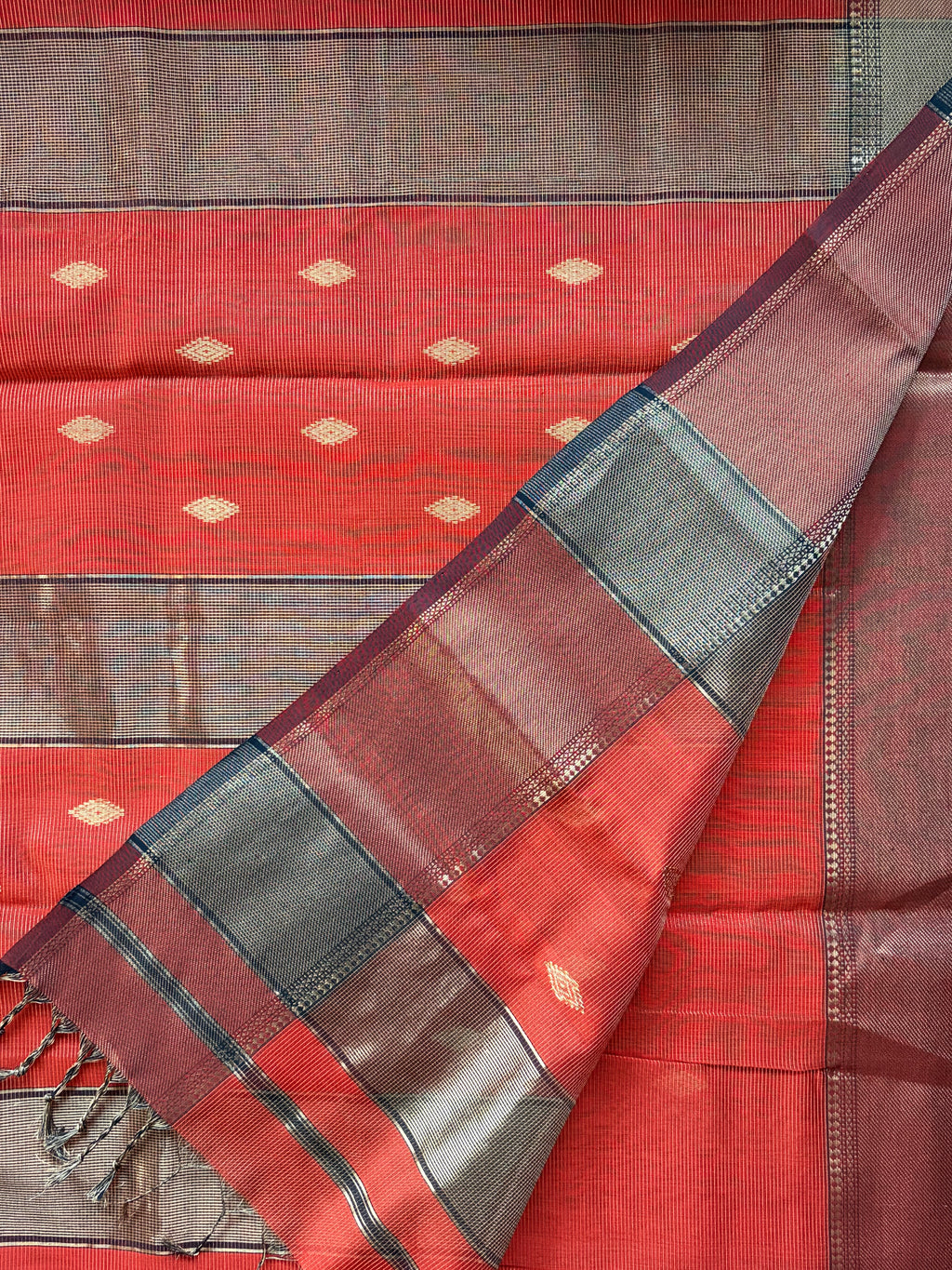 Red Tissue Silk Maheshwari Handloom Saree