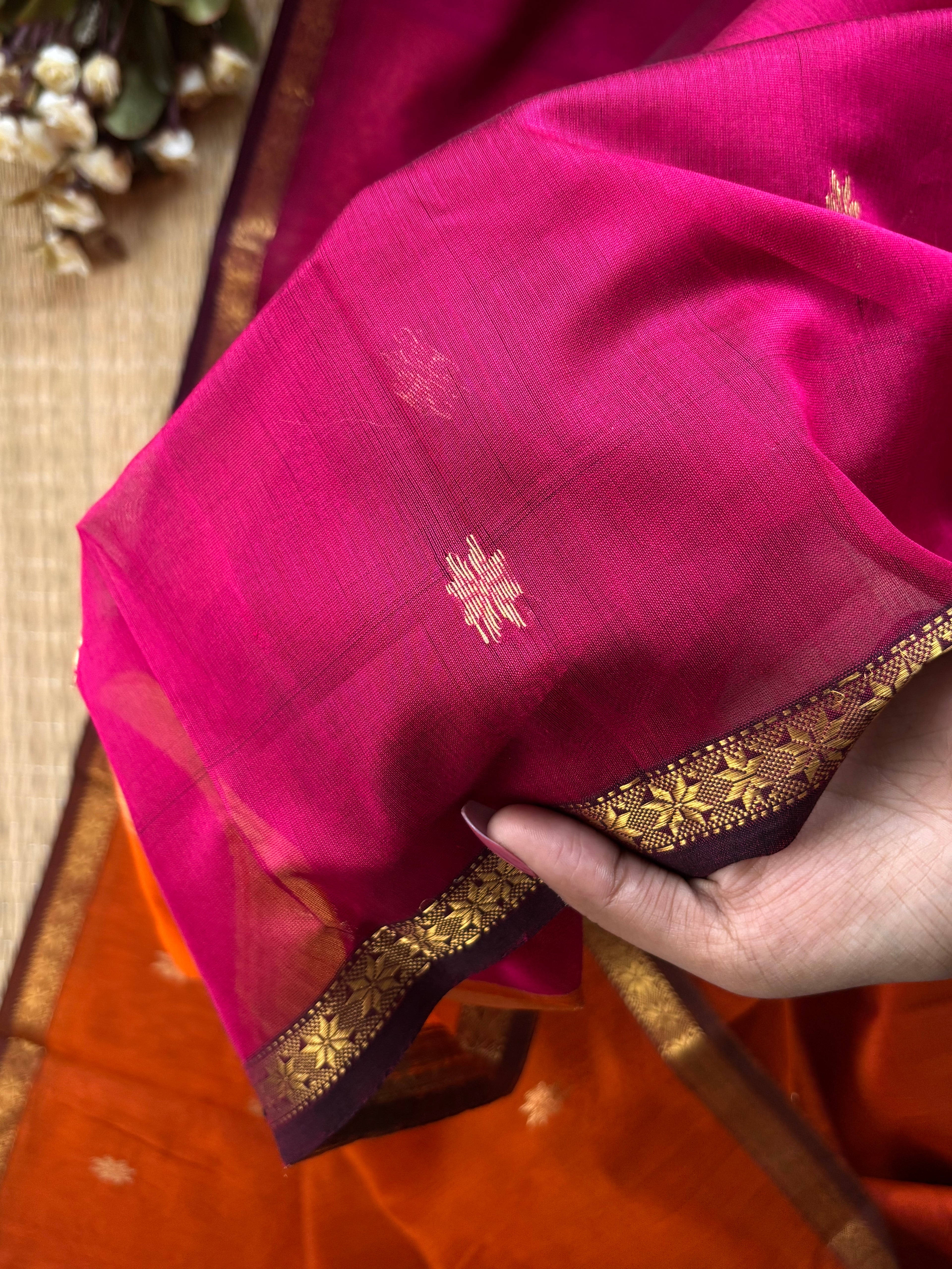 Chameli Pink Orange Maheshwari Handloom Saree