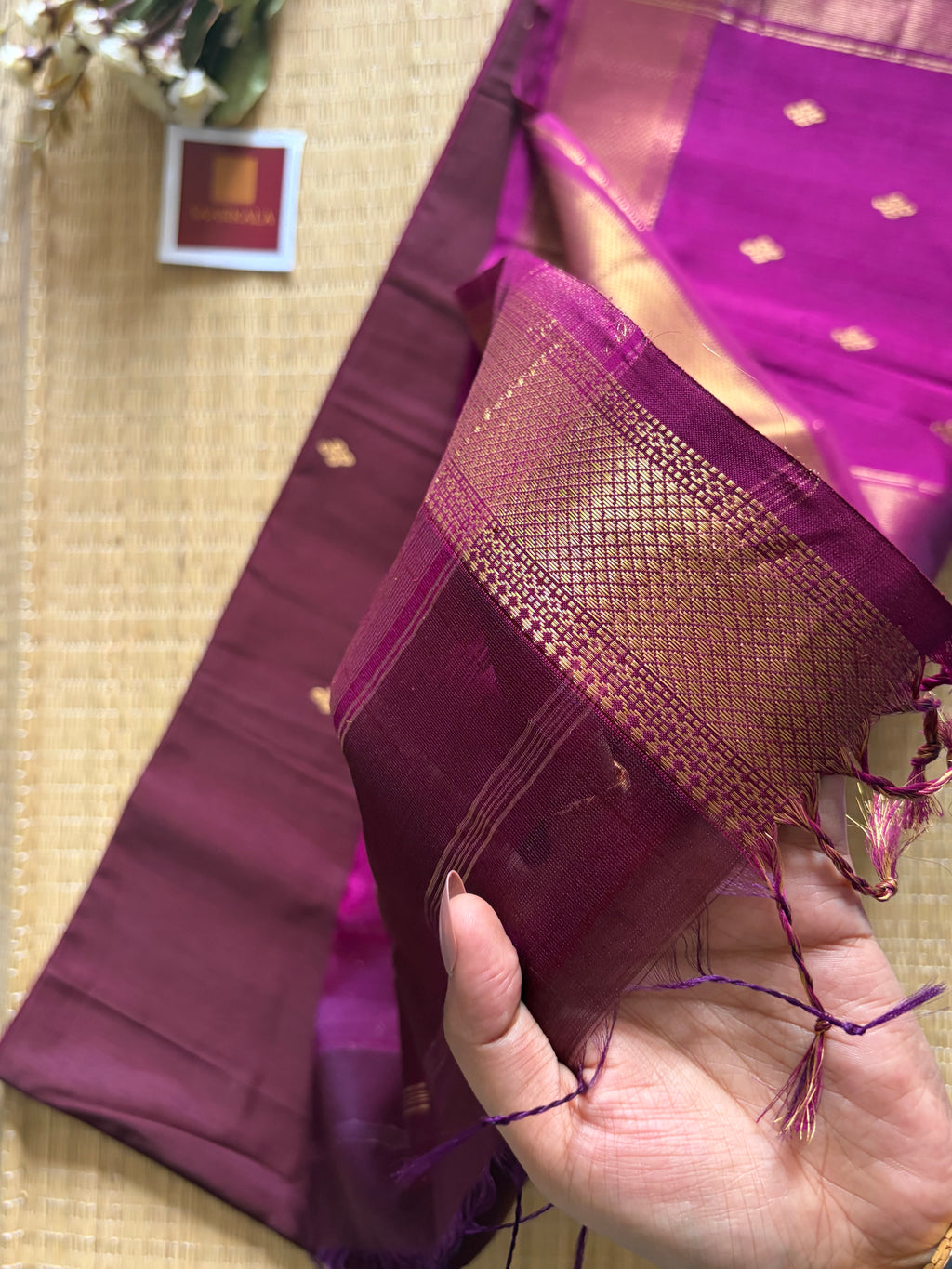 Diamond Deep wine and Magenta Maheshwari Handloom Saree