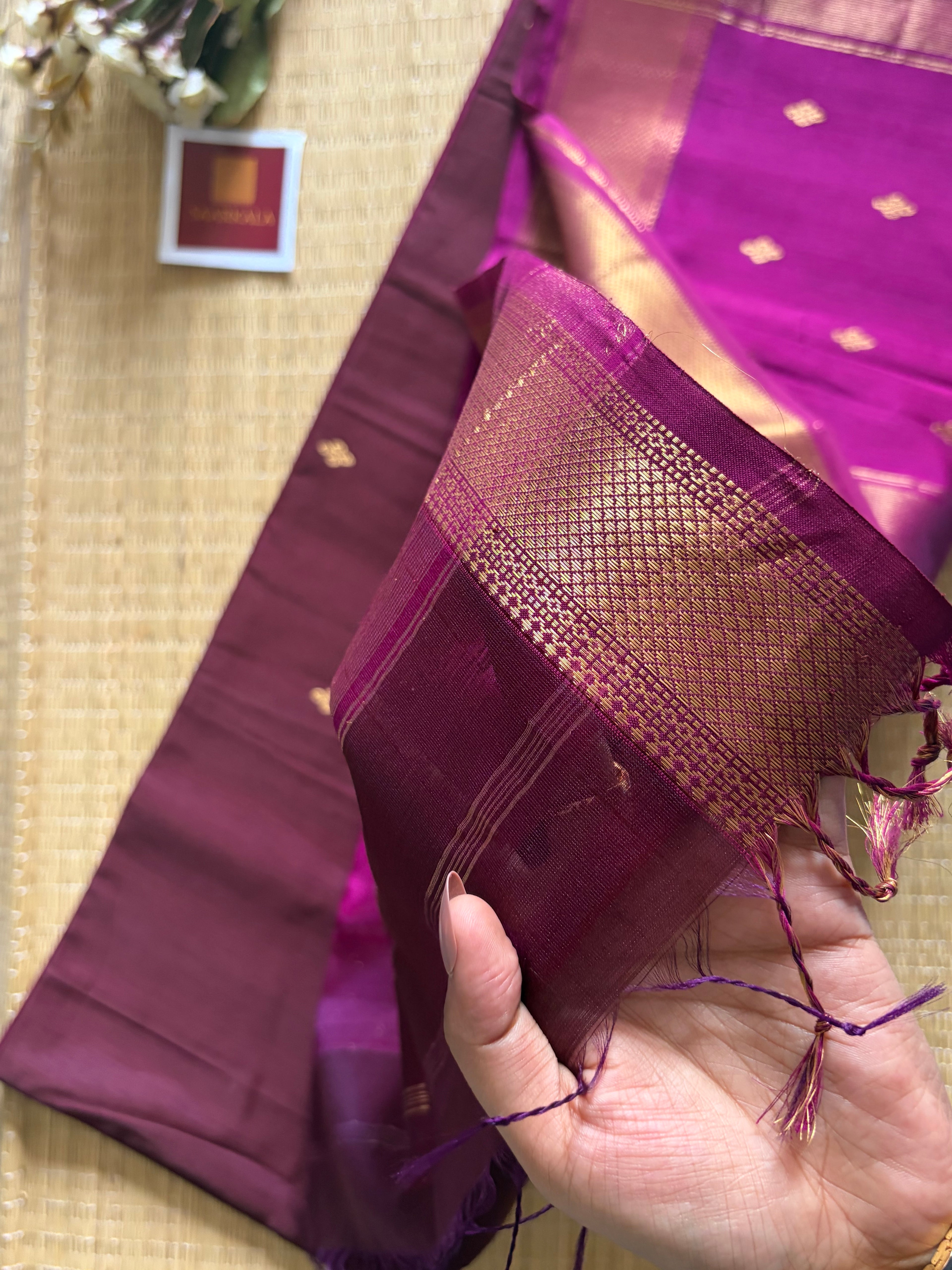 Diamond Deep wine and Magenta Maheshwari Handloom Saree