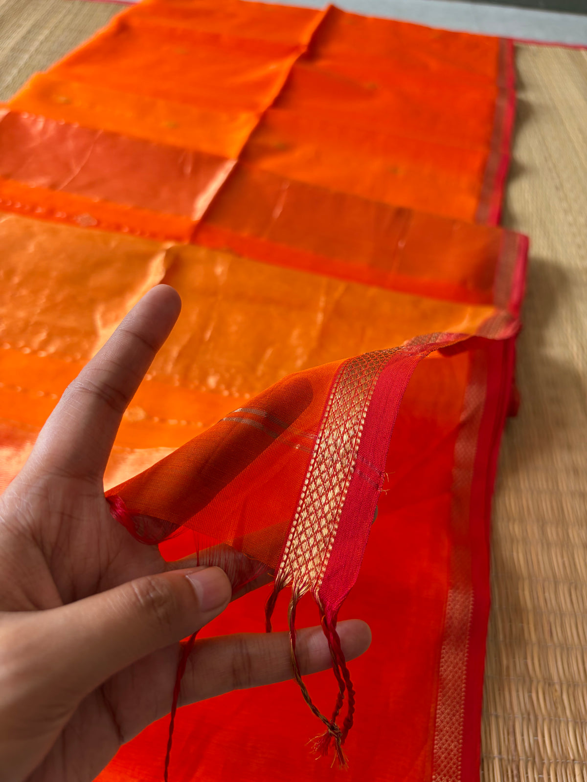 Kesar Orange Shaded Maheshwari Handwoven Saree with Gold Zari Border