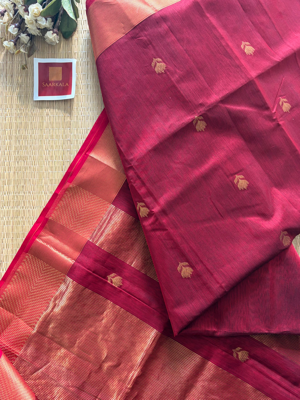 Lotus Maroon Red Maheshwari Handloom Saree with Gold Border