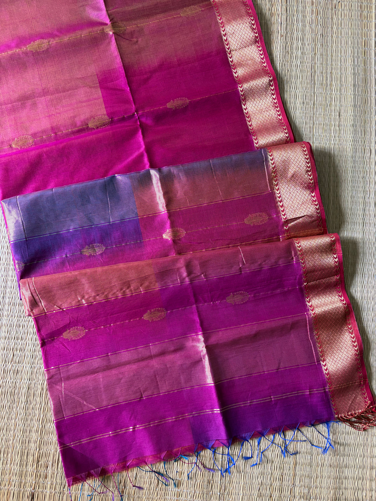 Reshami Pink Shaded Maheshwari Handwoven Saree with Gold Butti
