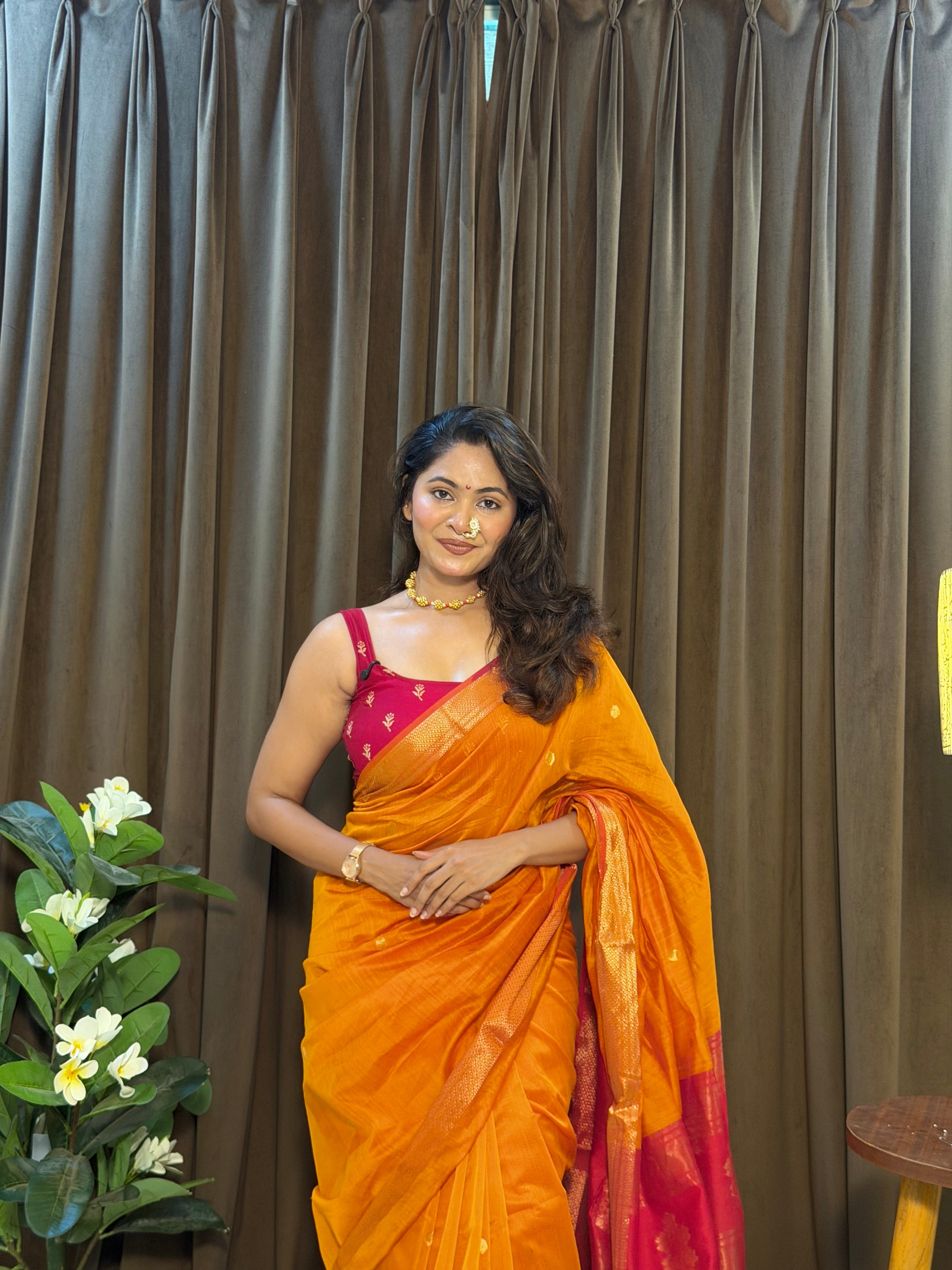 Ashu Floral Buta Mustard & red Maheshwari silk by cotton handloom saree