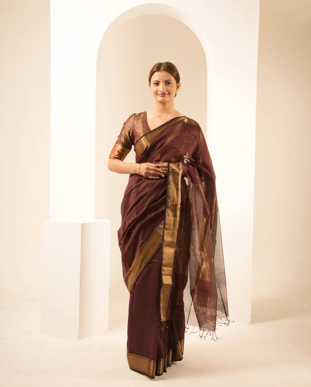 Checks Brown Maheshwari Handloom Saree