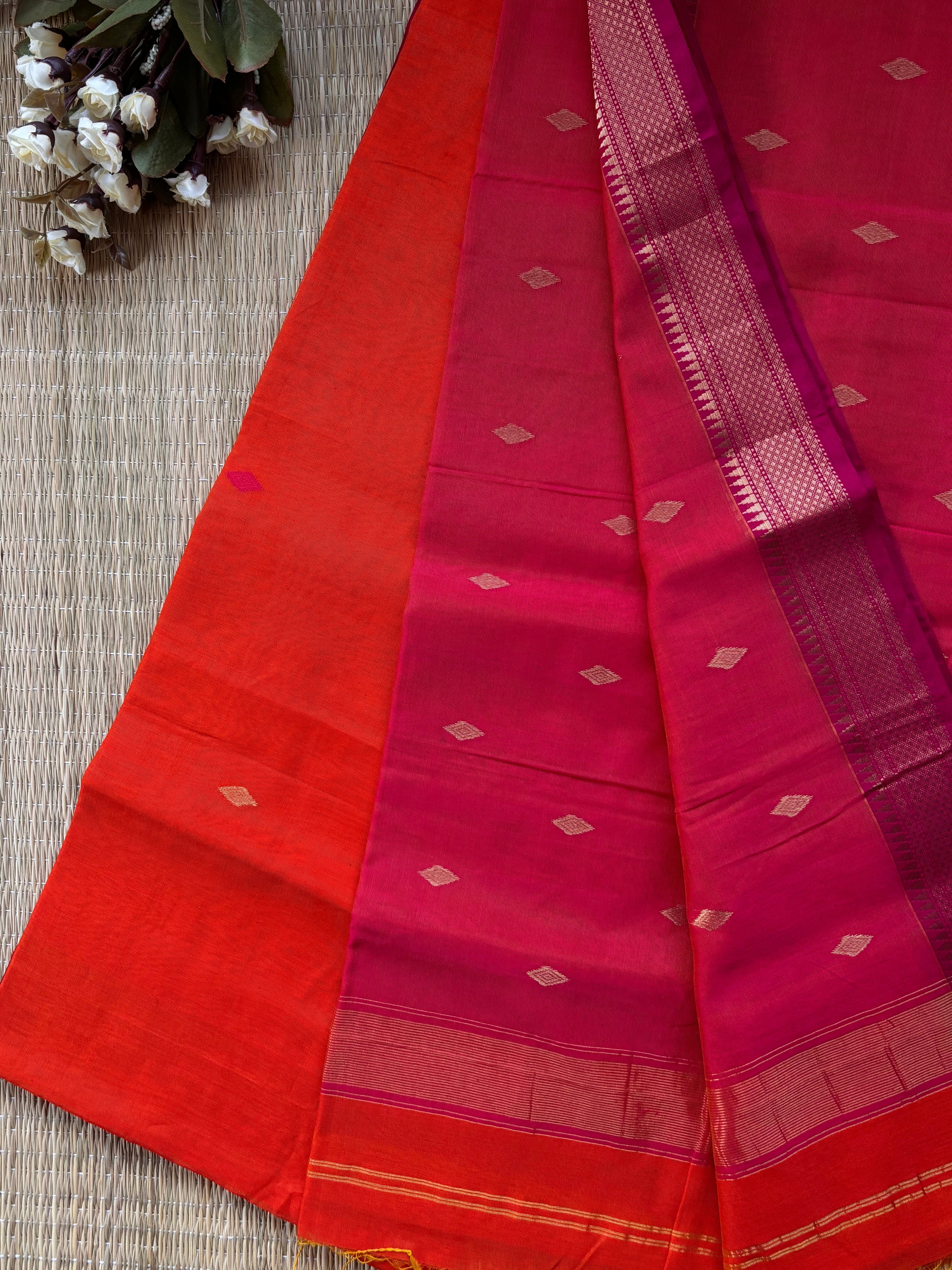 Diamond Buta Orange Pink Maheshwari Handloom Saree