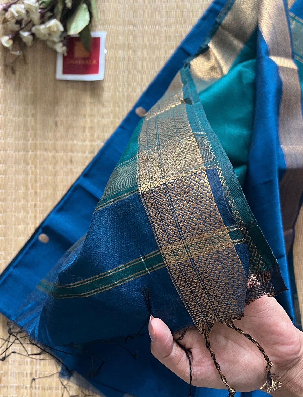 Sikka Rama Blue Maheshwari Handwoven Saree with Gold Zari Border