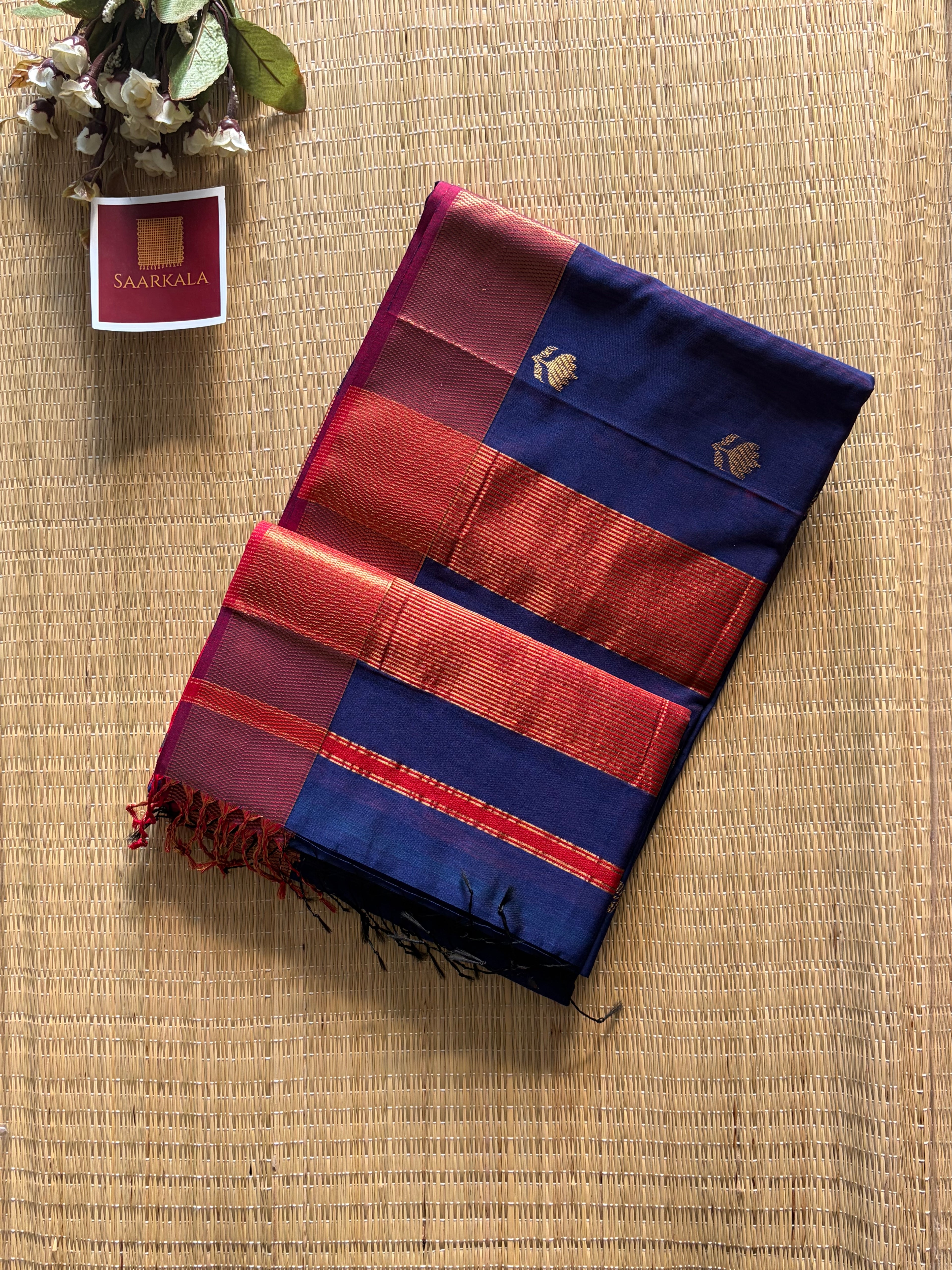 Blue Red Lotus Maheshwari silk and cotton Saree