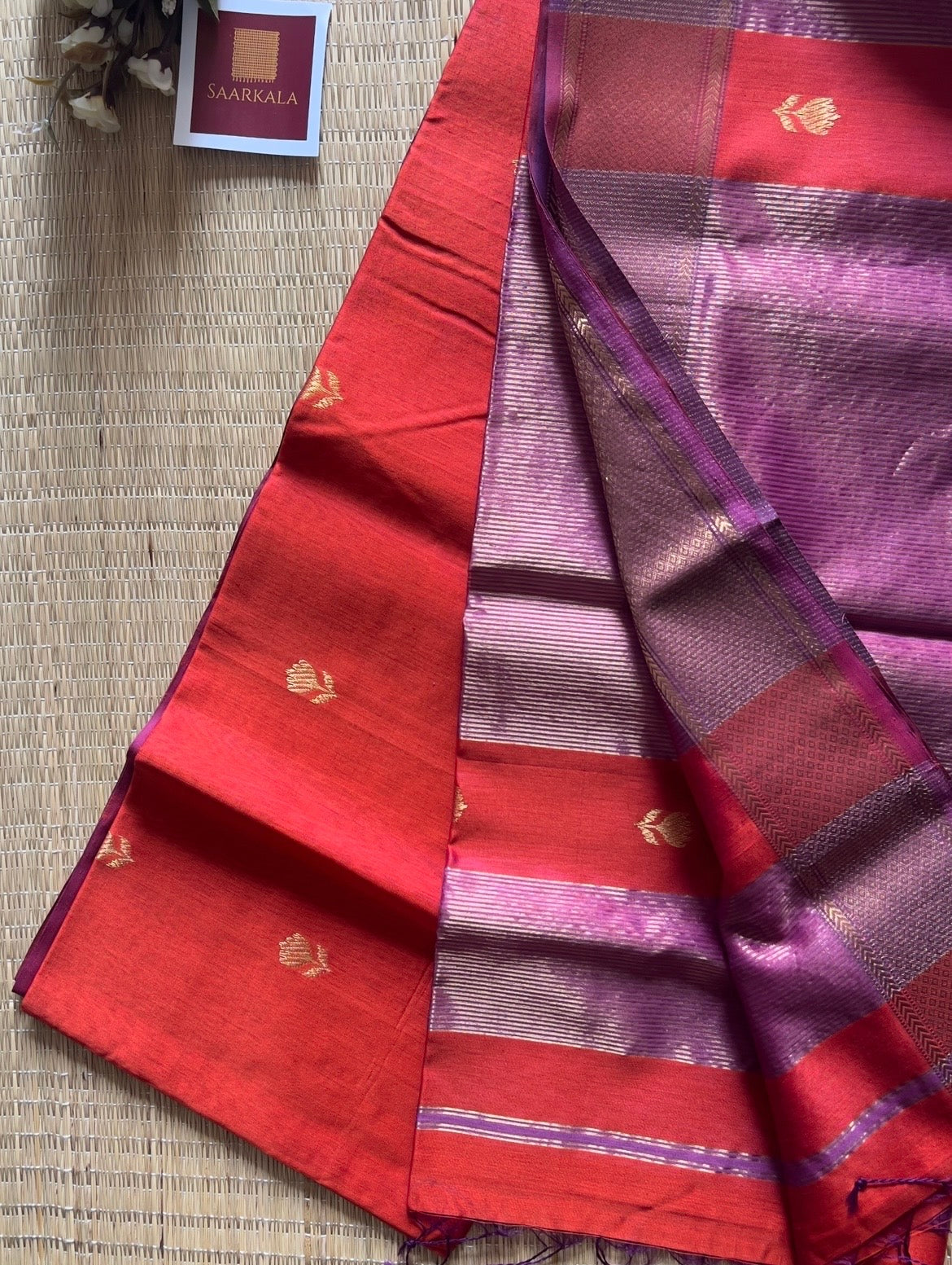Rust Orange Lotus Maheshwari silk and cotton Saree