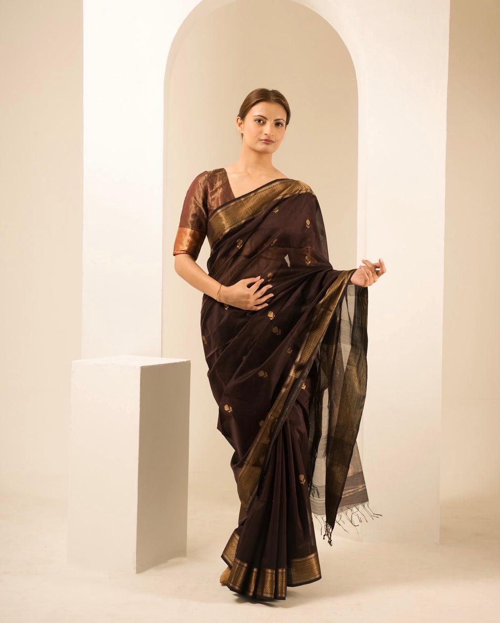 Lotus Brown Maheshwari Handloom Saree