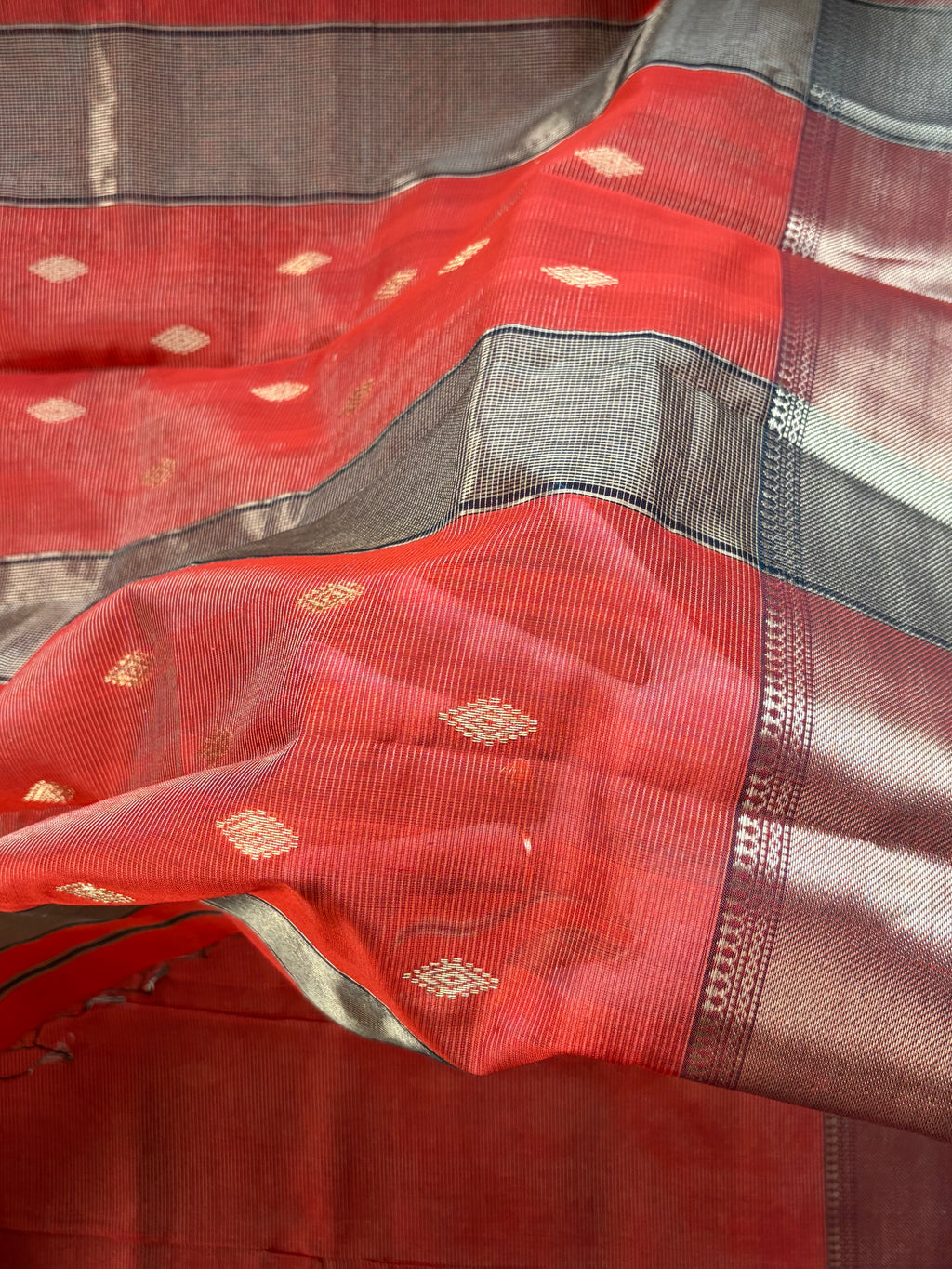 Red Tissue Silk Maheshwari Handloom Saree