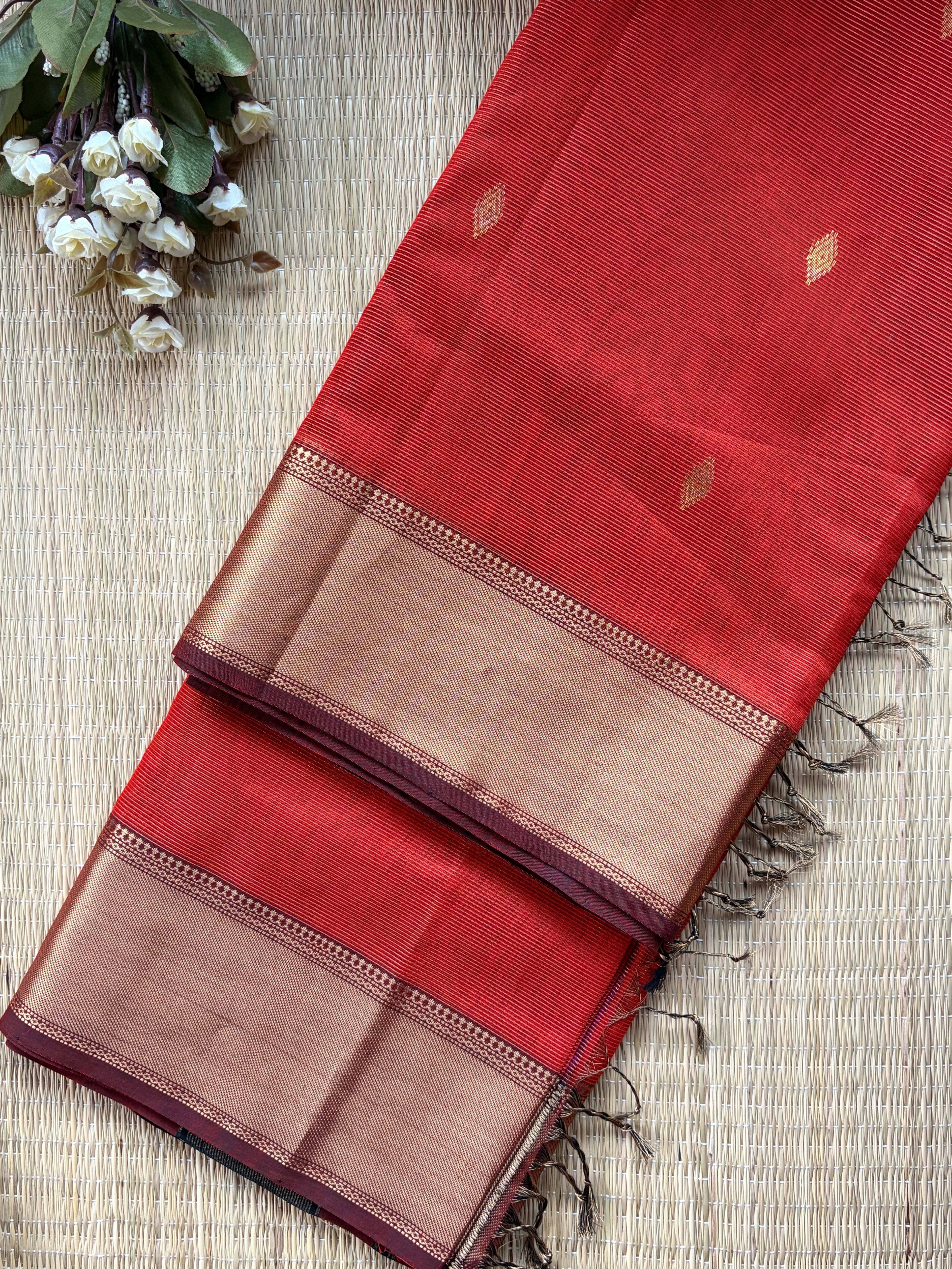 Red Tissue Silk Maheshwari Handloom Saree