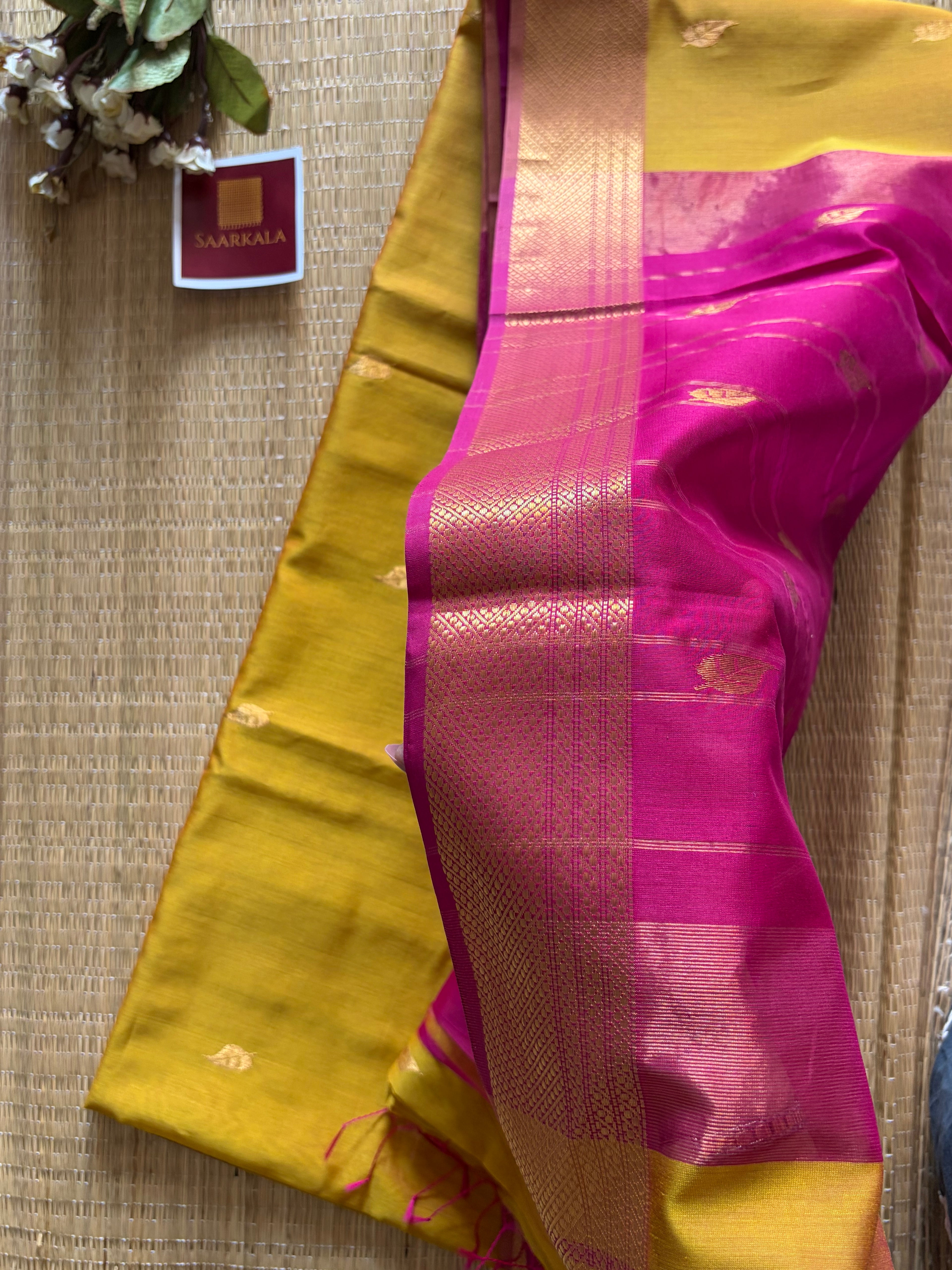 Patti Mustard Gold Yellow Maheshwari silk and cotton Saree