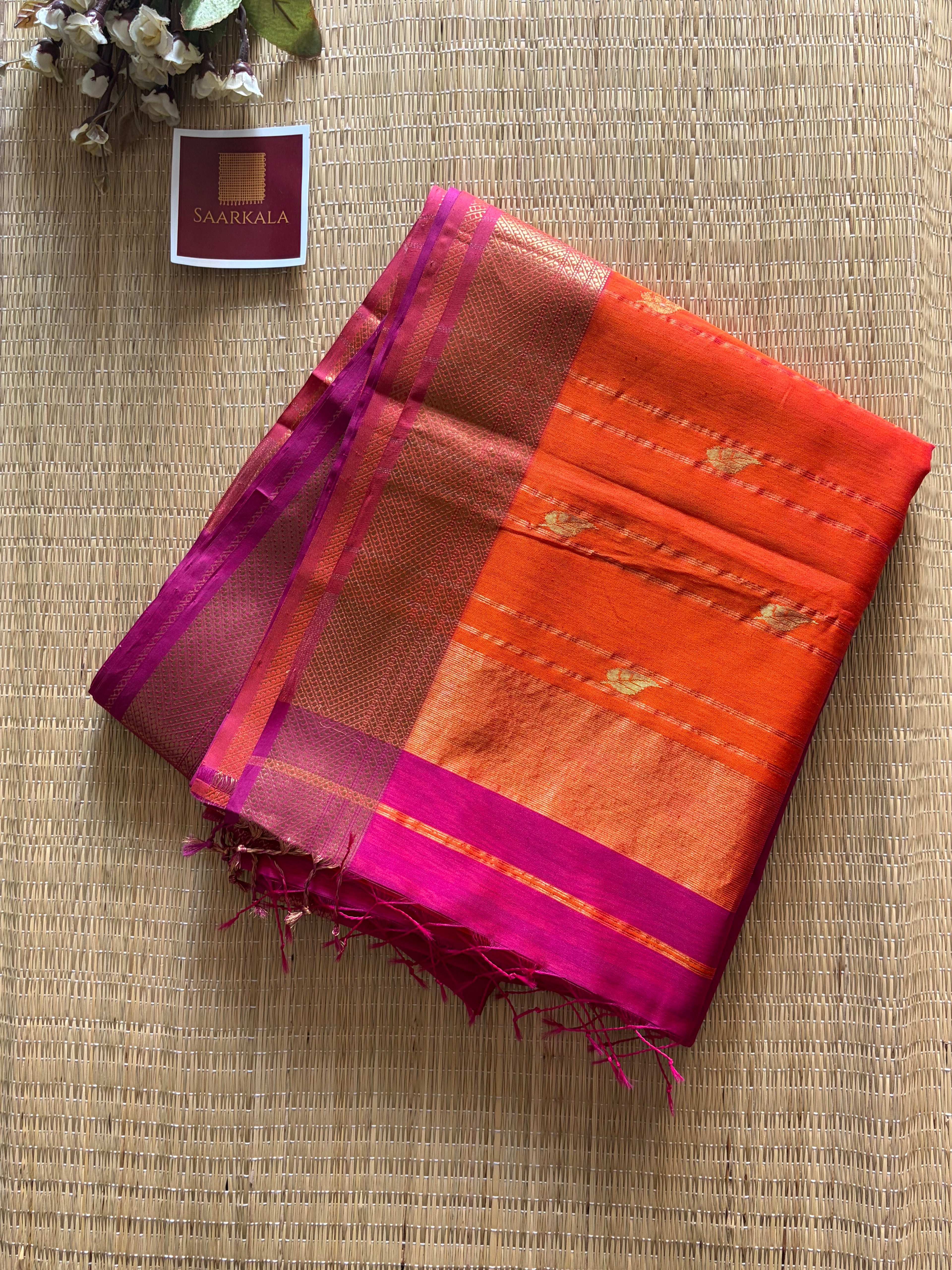 Patti Magenta Pink Maheshwari silk and cotton Saree