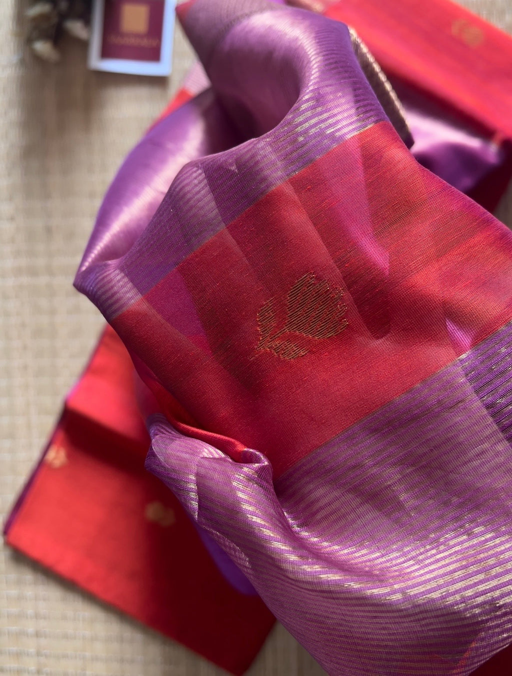 Rust Orange Lotus Maheshwari silk and cotton Saree
