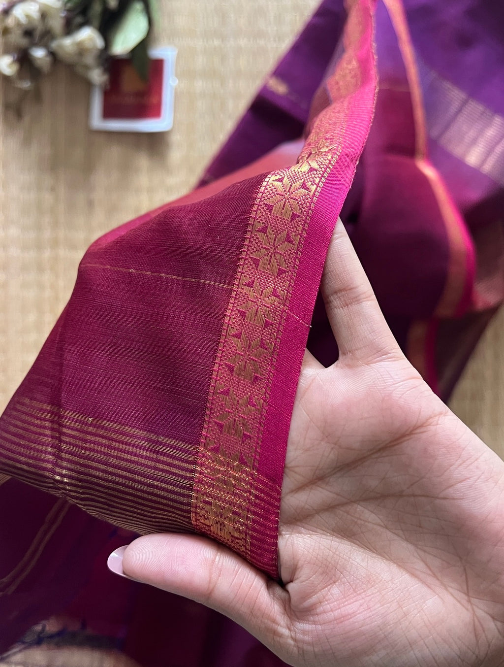 Dual Shaded Pink Purple Maheshwari Handwoven Saree with Gold Zari Border