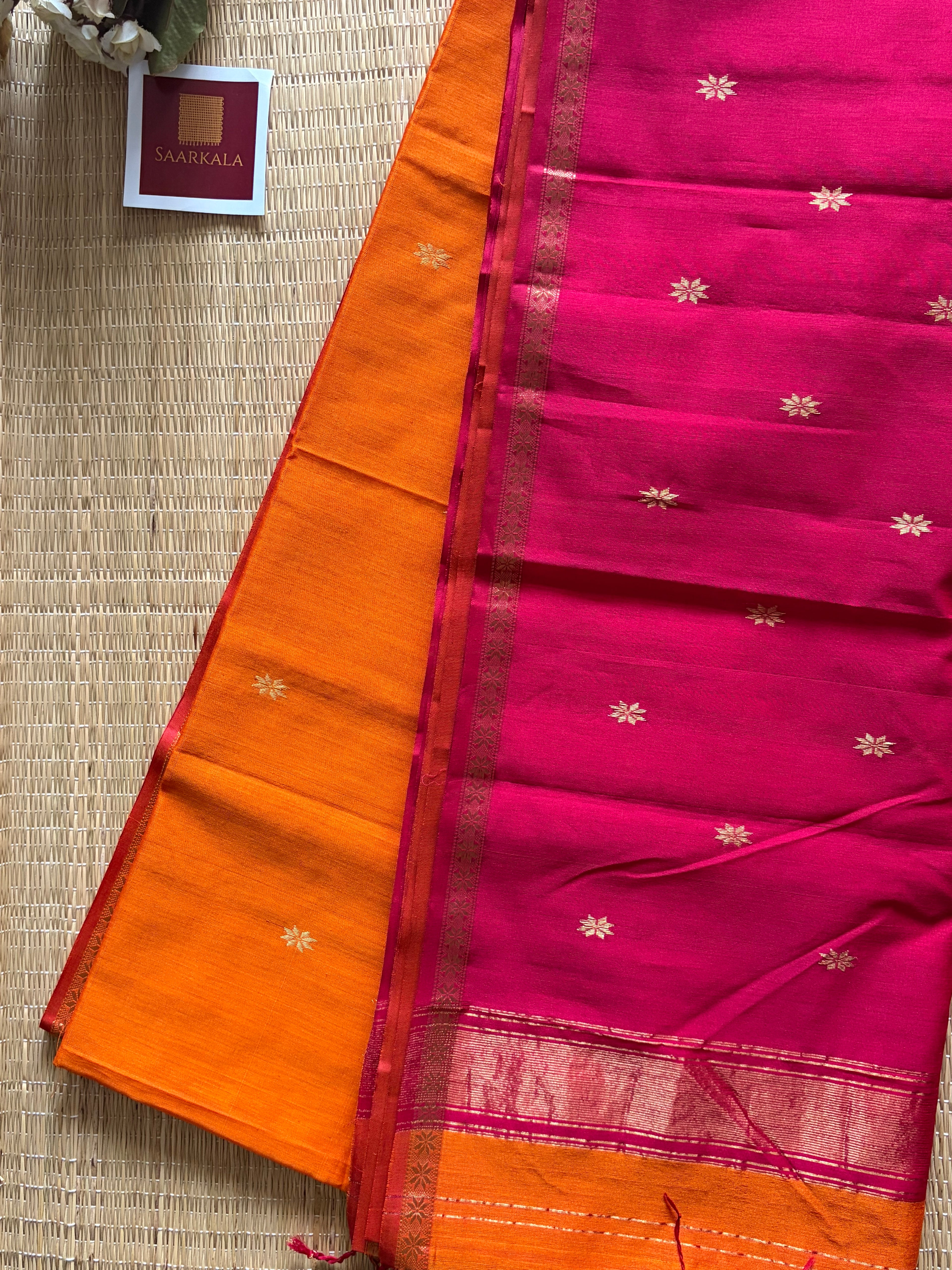 Siyali Mustard and Pink Chameli Maheshwari Handloom Silk Cotton Saree