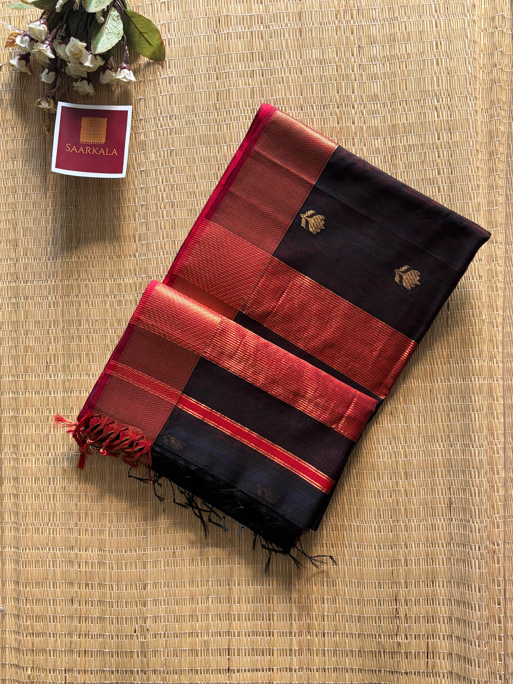 Black Red Lotus Maheshwari silk and cotton Saree