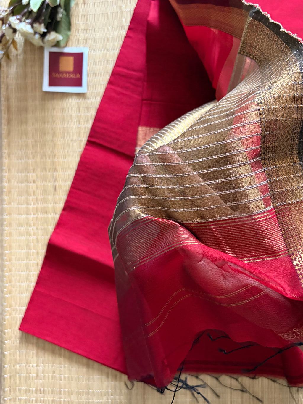 Red kosa Maheshwari silk by cotton handloom saree