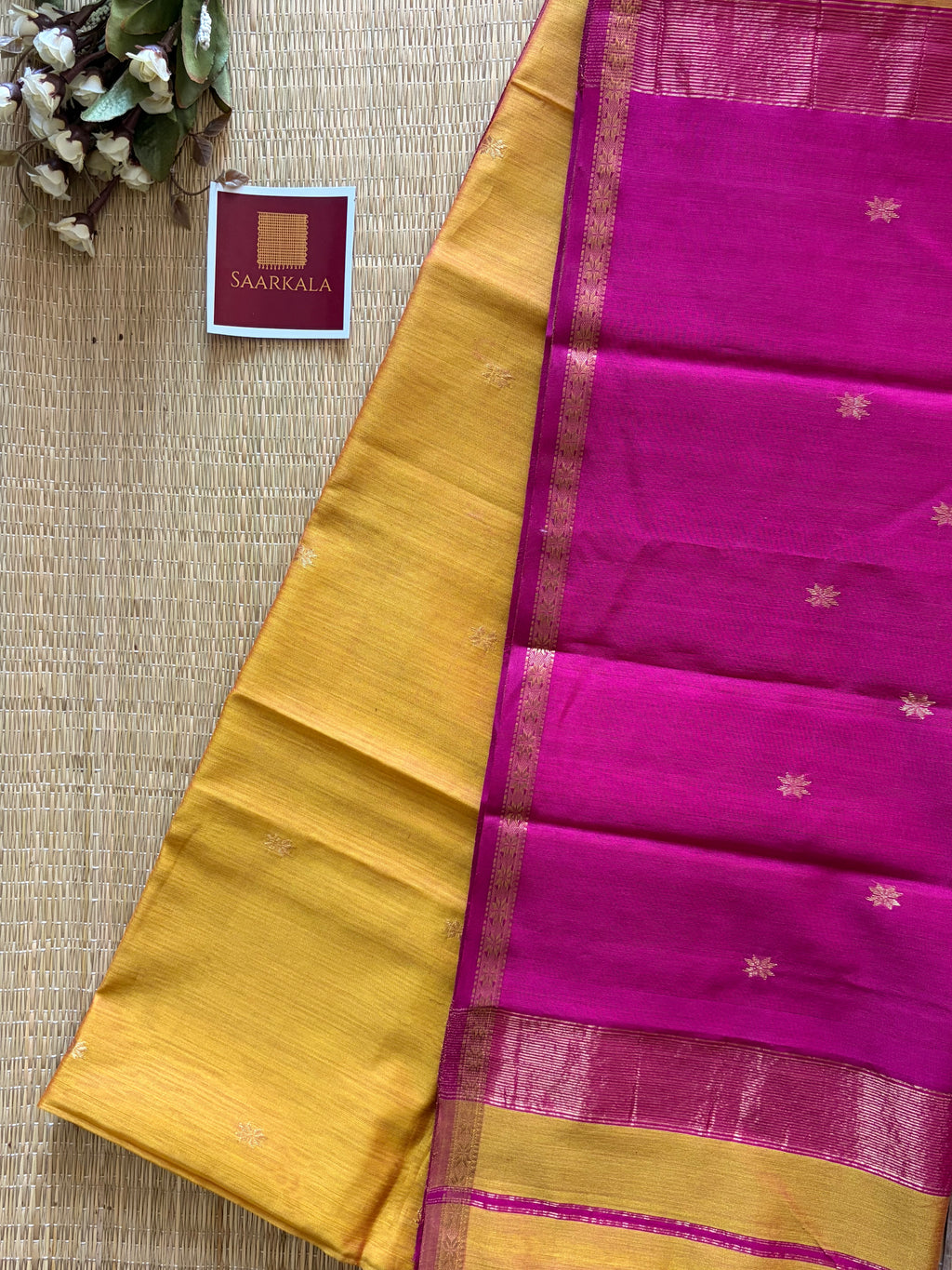 Yellow Light Gold Pink Rani Maheshwari Handloom Silk Cotton Saree