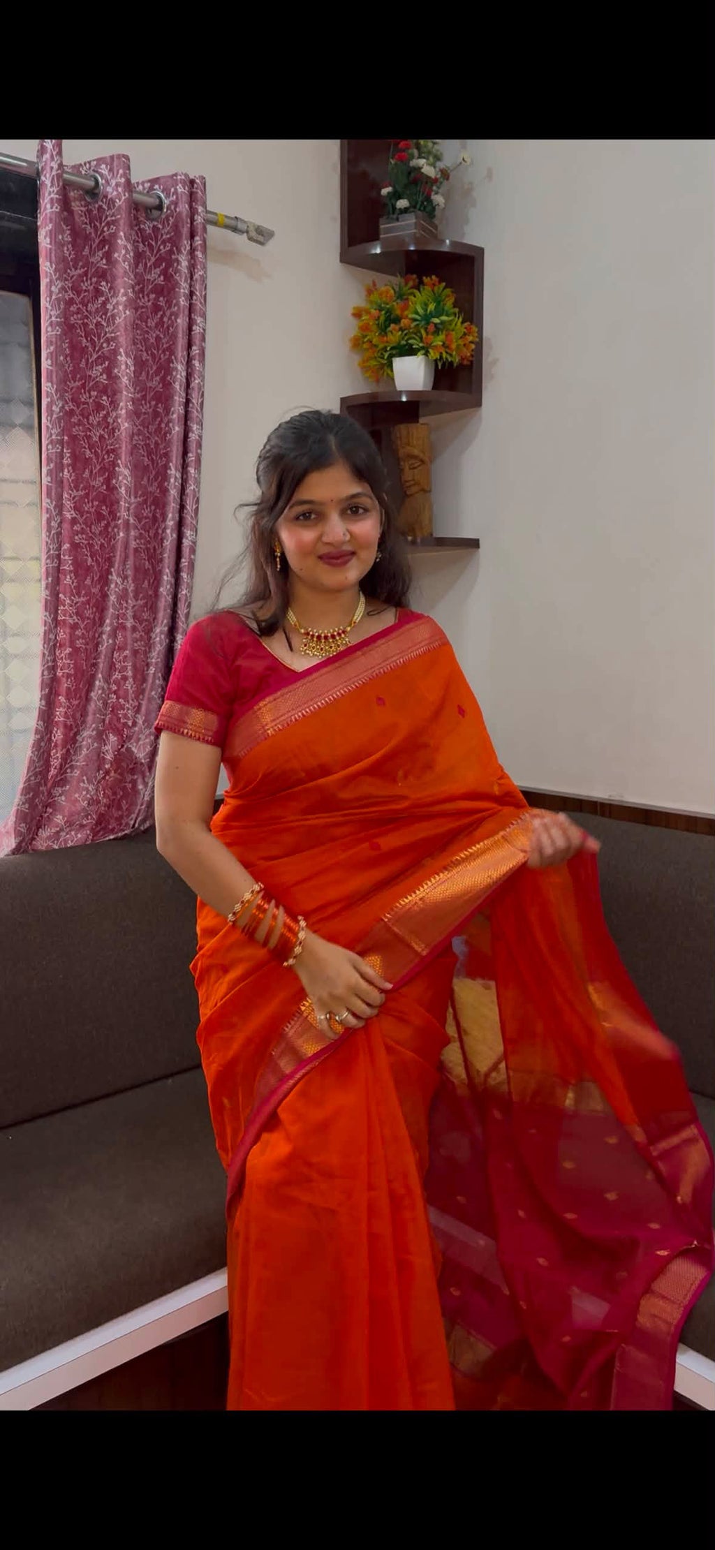 Karvath Orange Pink Maheshwari Handloom Saree
