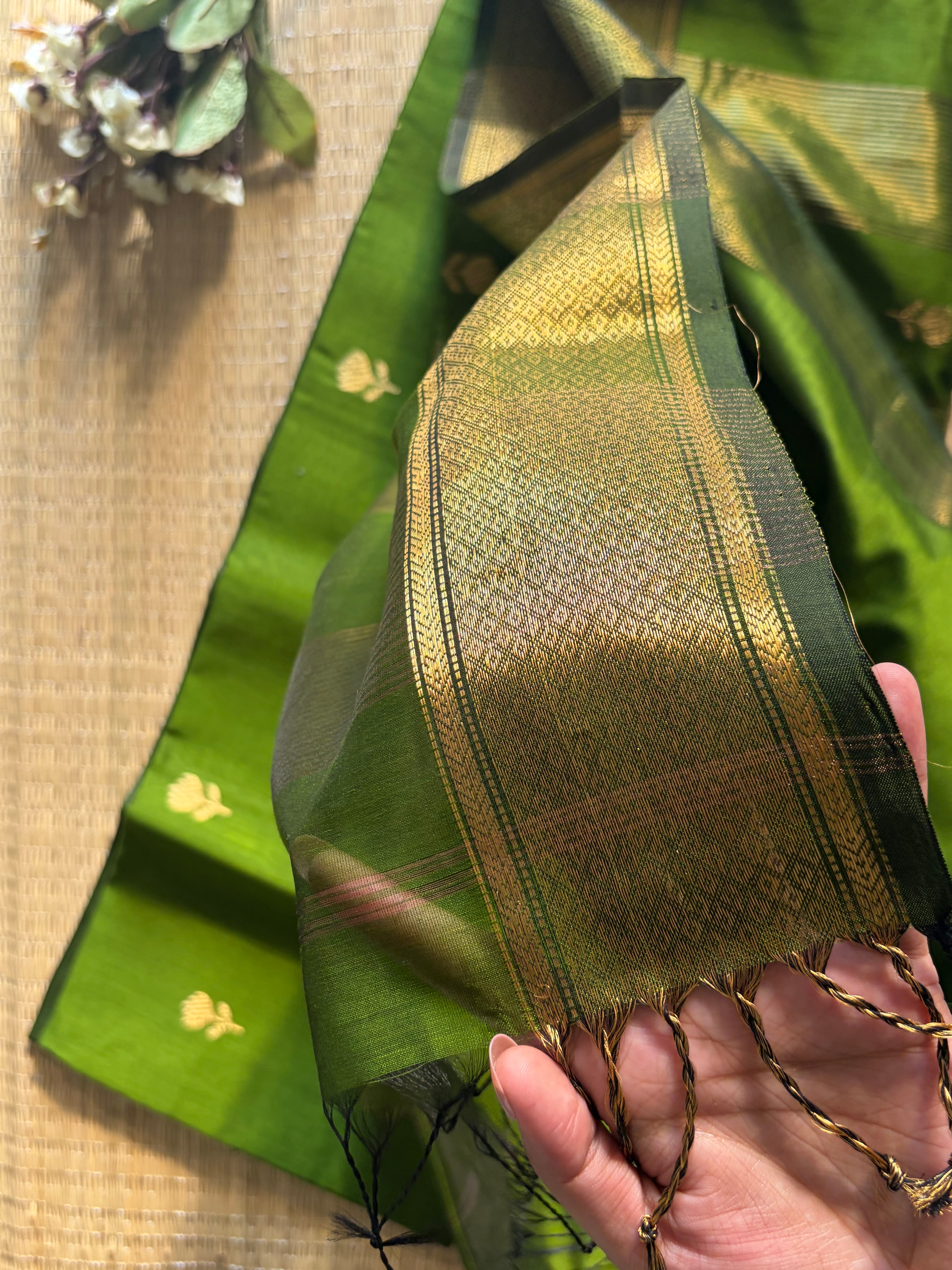 Mint Green Maheshwari silk and cotton Lotus Butta Saree