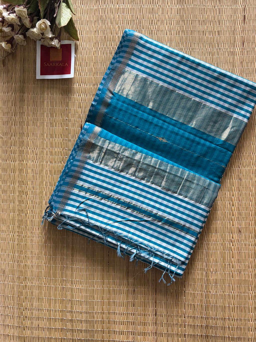 Gingham Rama Blue Maheshwari Handloom Saree