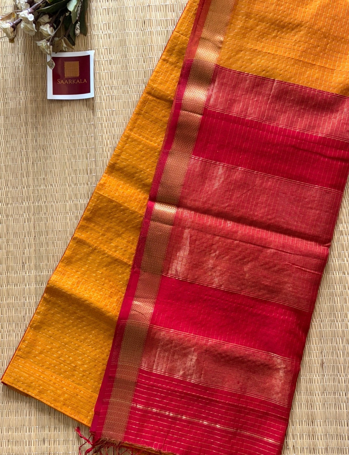 Mustard Red Checked Maheshwari Handwoven Saree with Gold Zari Border