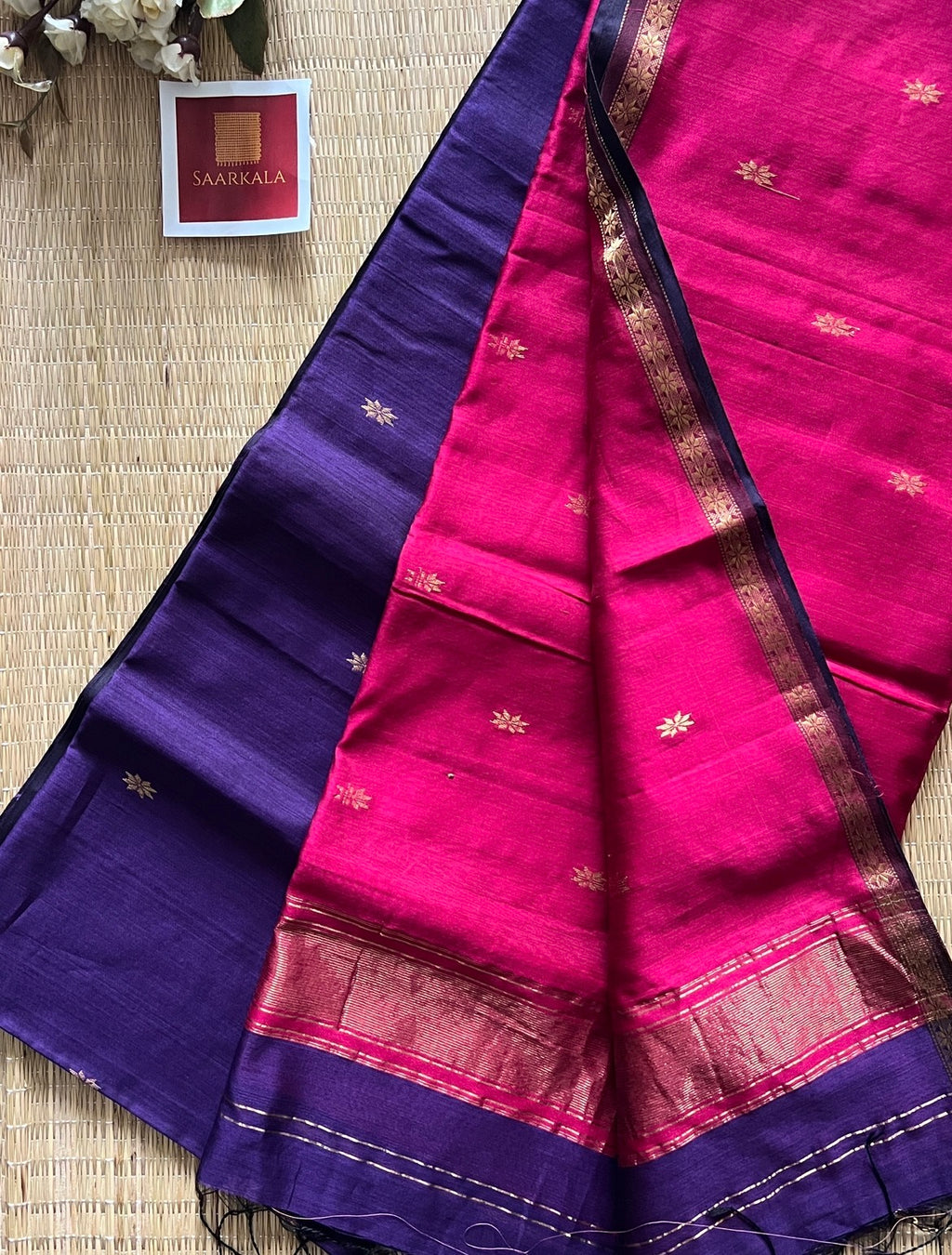 Purple Pink Maheshwari Handwoven Saree with Gold Zari Border