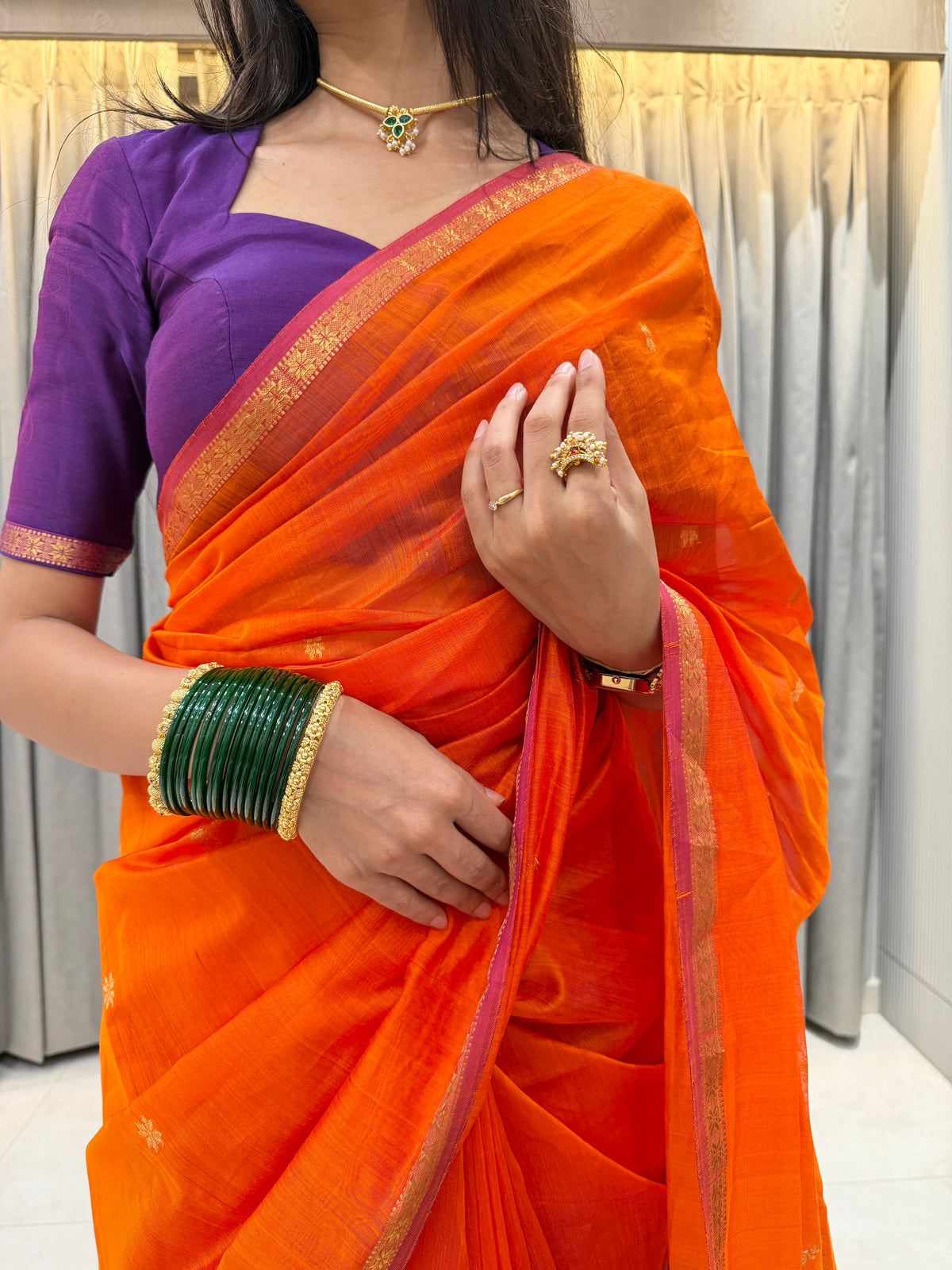 Sayali Kesari Purple Pallu Maheshwari Handloom Saree