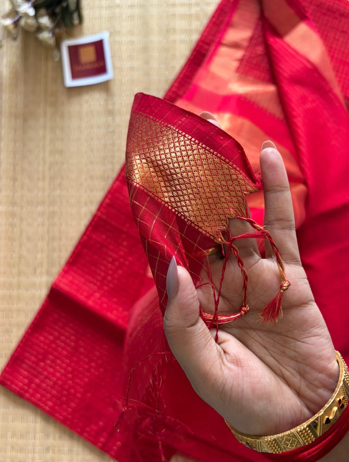 Red Checked Maheshwari Handwoven Saree with Gold Zari Border